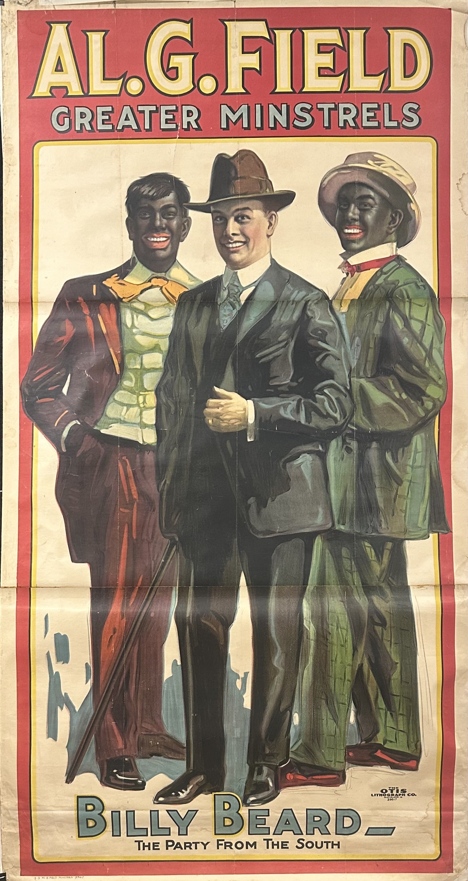 Illustration of three men standing next to each other with the outer two in blackface.