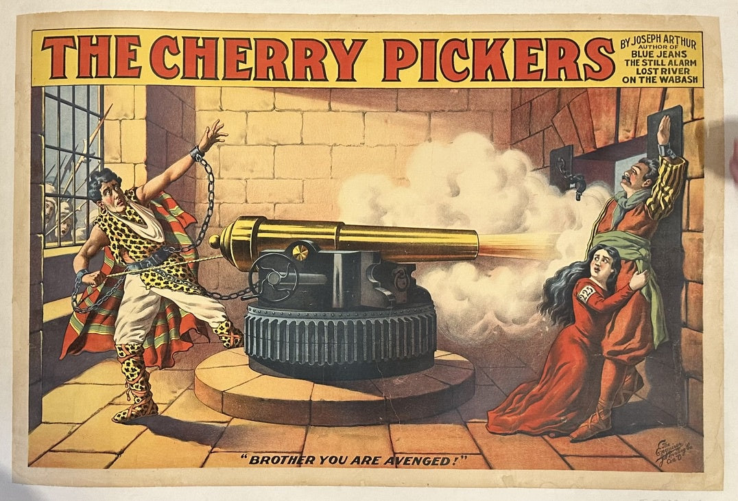 It depicts an Afghan prisoner, chained, firing a cannon past a man and woman also in chains, with a mob visible outside the prison