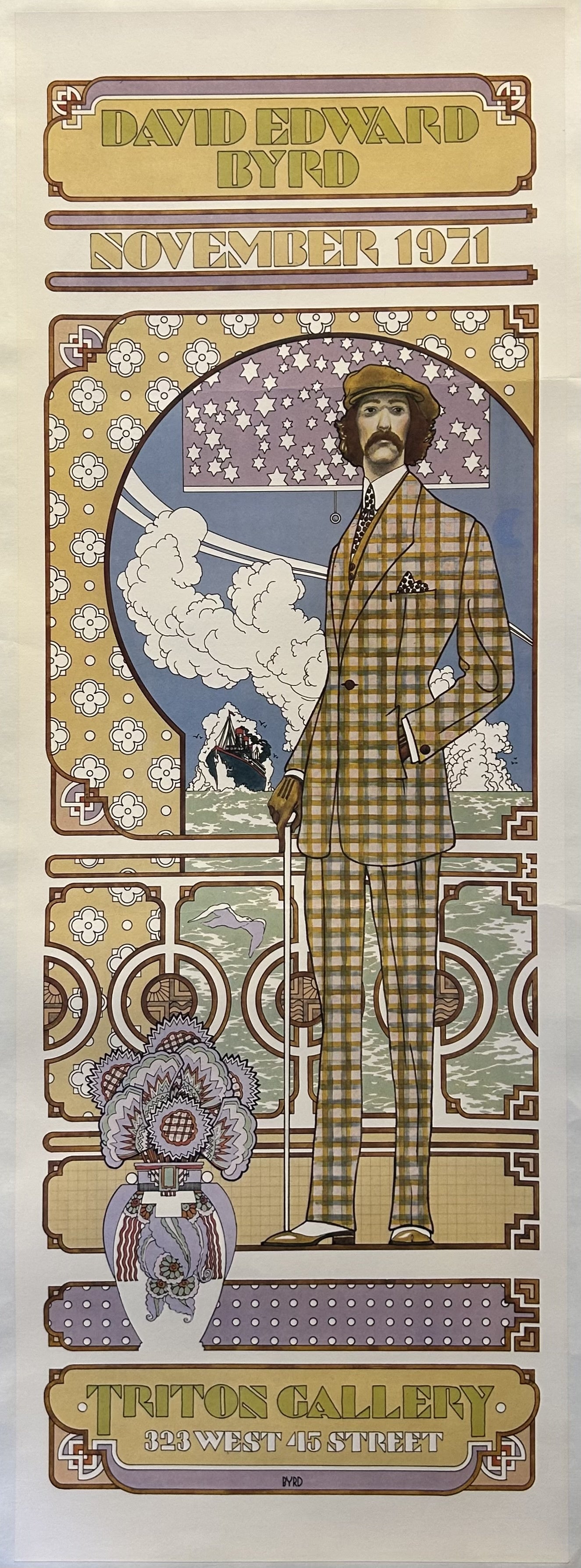 A man in a plaid suit stands before an open ocean with text above and below him for David Edward Byrd's exhibition at Triton Gallery.