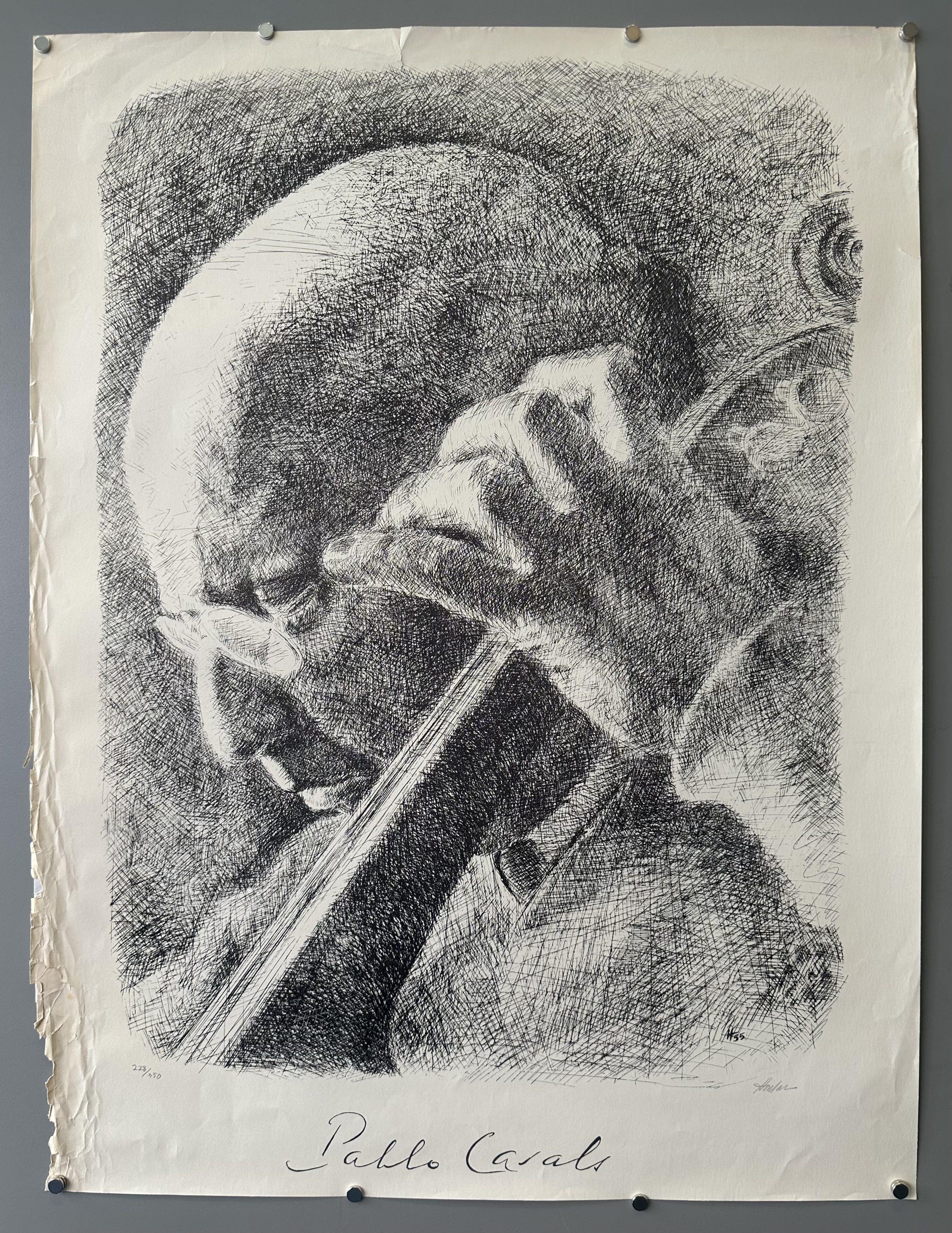 Black and white pen and ink drawing of cellist Pablo Casals by Puerto Rican artist Lorenzo Homar.