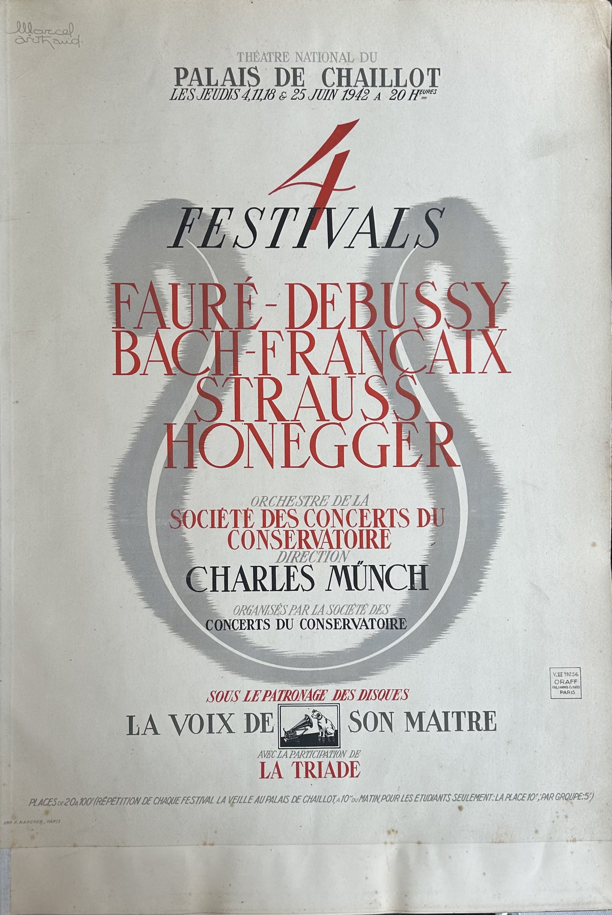 Four composers are highlighted in French music poster with red accent text and an outline of a harp.
