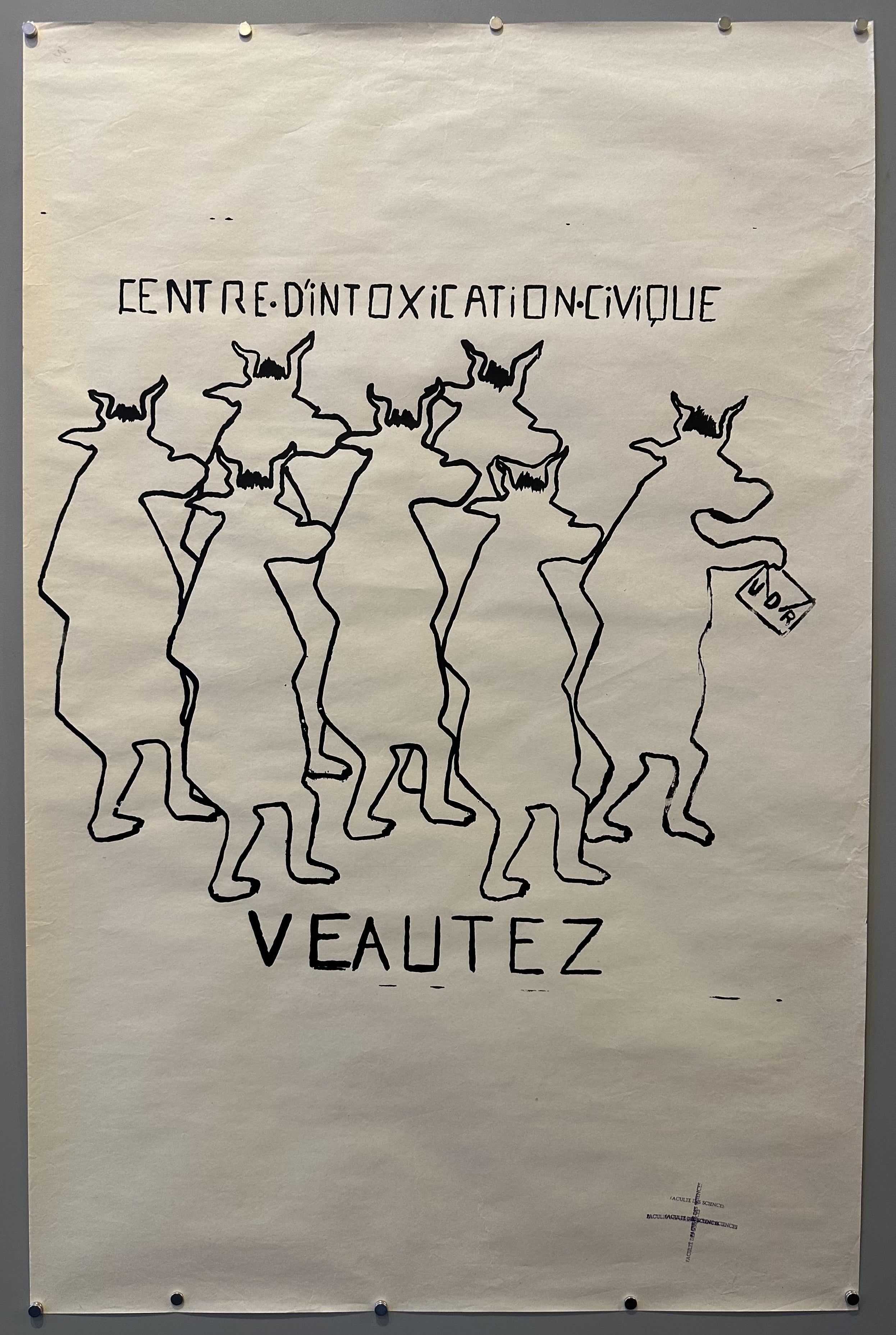 Seven silhouettes of cows are the focal point of the poster with black text above and below them.