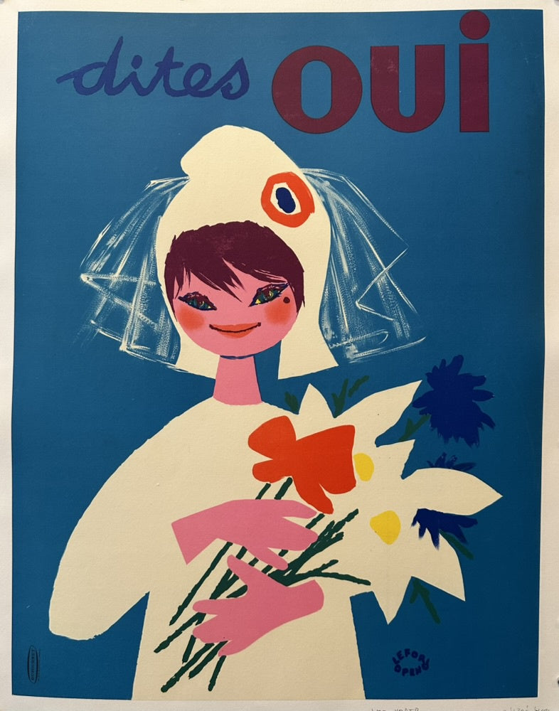 A vintage French poster titled "dites OUI" (say YES) featuring a stylized, smiling woman in a white, veil-like headpiece holding a bouquet of white and blue flowers with a red ribbon.
