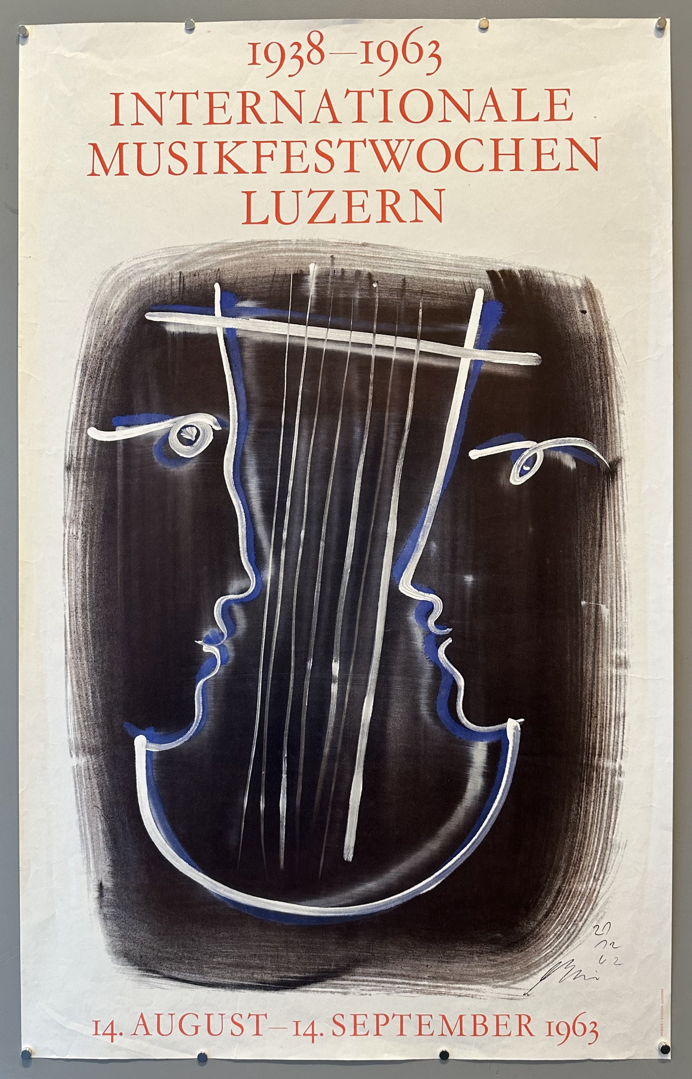 White poster with red text and black, blue, and white charcoal style drawing of a harp in the middle for the Lucern Festival.