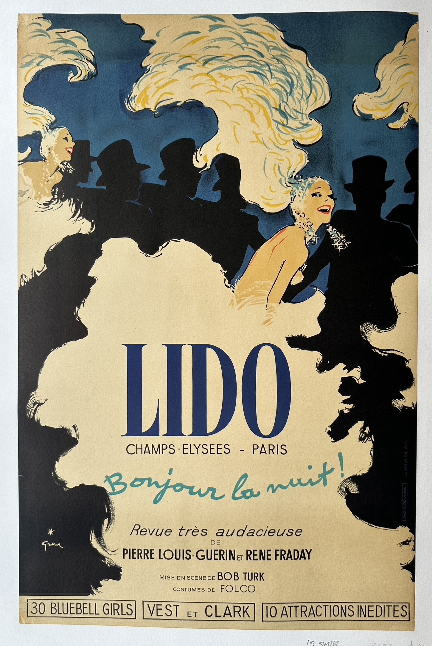 Lido poster featuring a showgirl in a white dress against a blue background with blue and black text inside of her dress