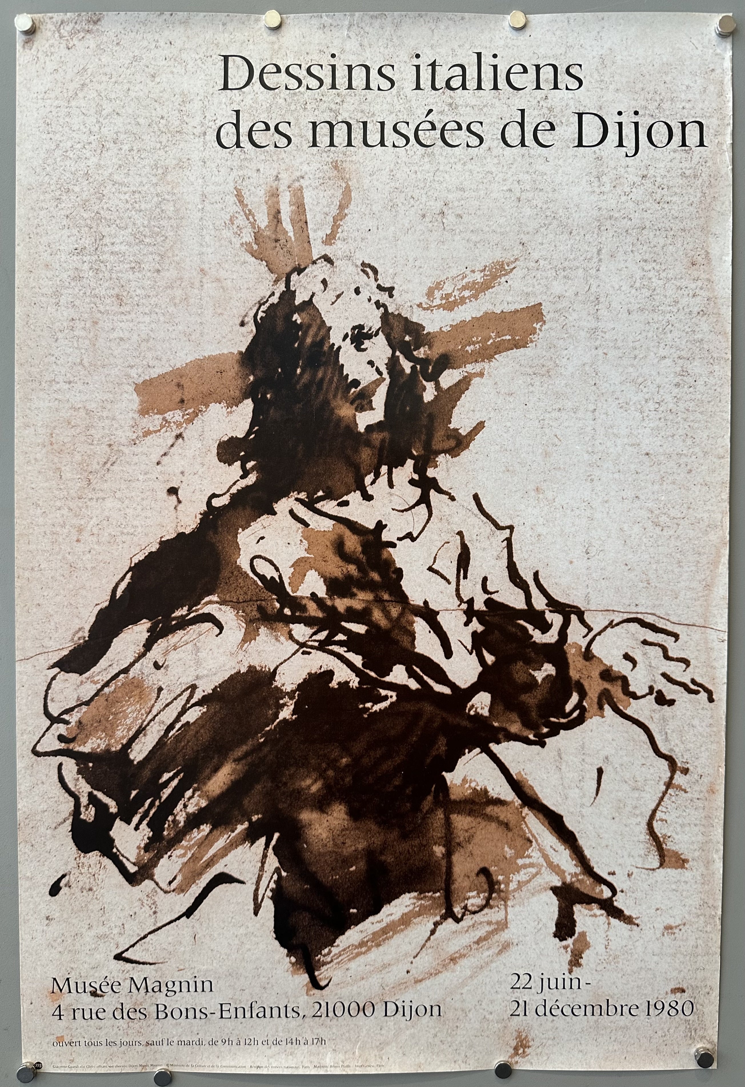 Poster promoting exhibition at the Musèe Magnin of Italian drawings with one of the works printed in the middle.