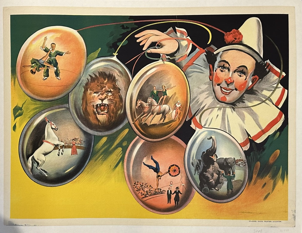 This poster is a vintage English lithograph circus poster from the 1930s or 1940s, depicting a clown and various circus scenes within glass-like bubbles.