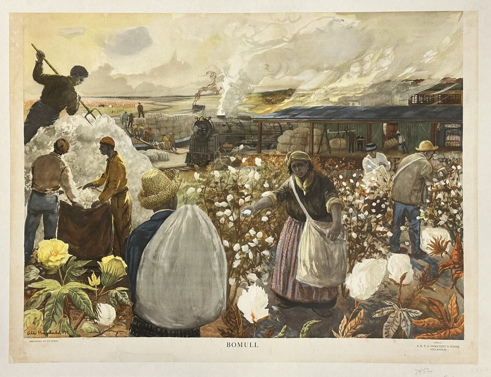 This poster is titled "Bomull" by Olle Hagdahl. It depicts a scene of cotton harvesting and processing, likely in an American plantation setting, and was created around 1944