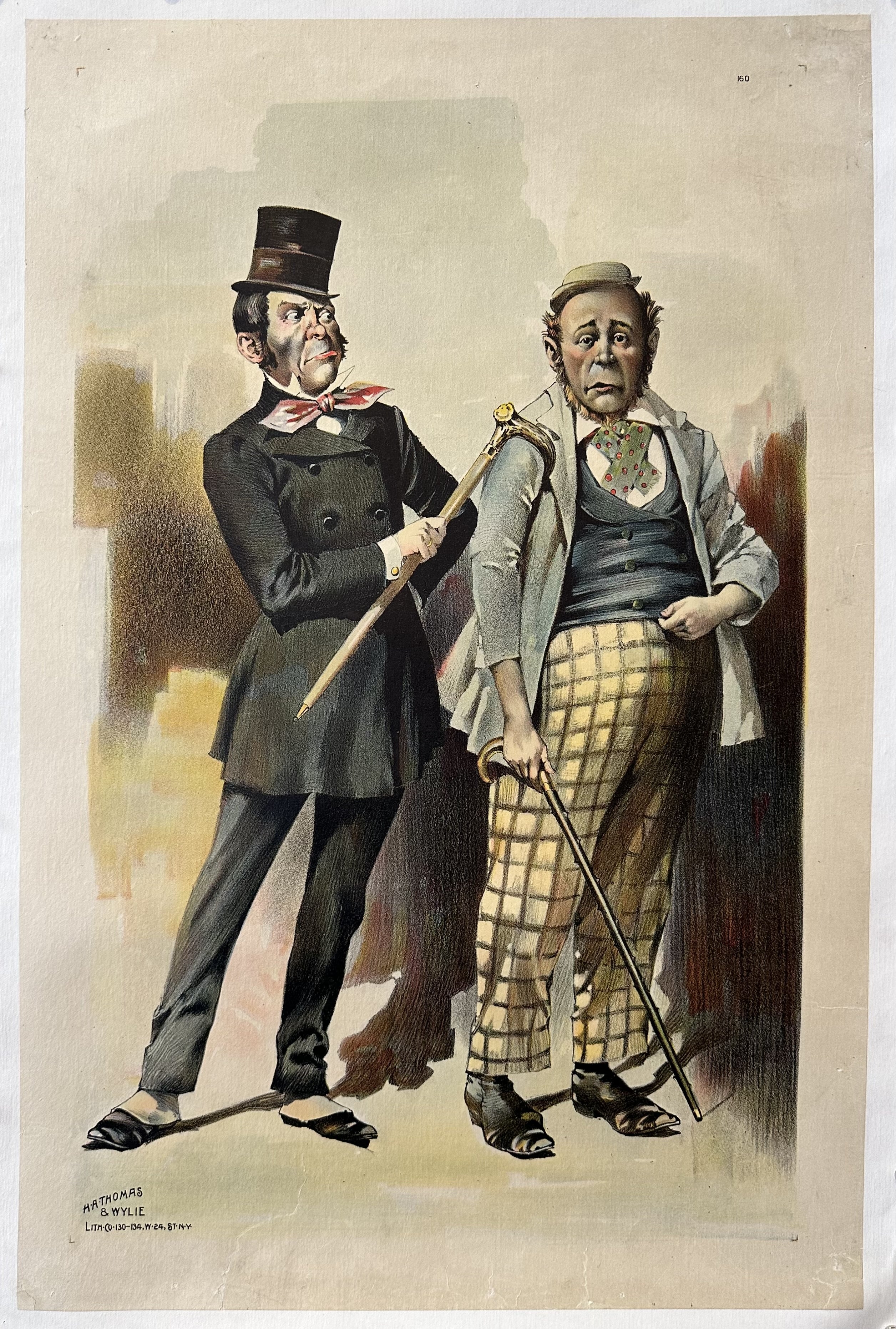 Lithograph of a man hooking another man's shoulder with a cane.