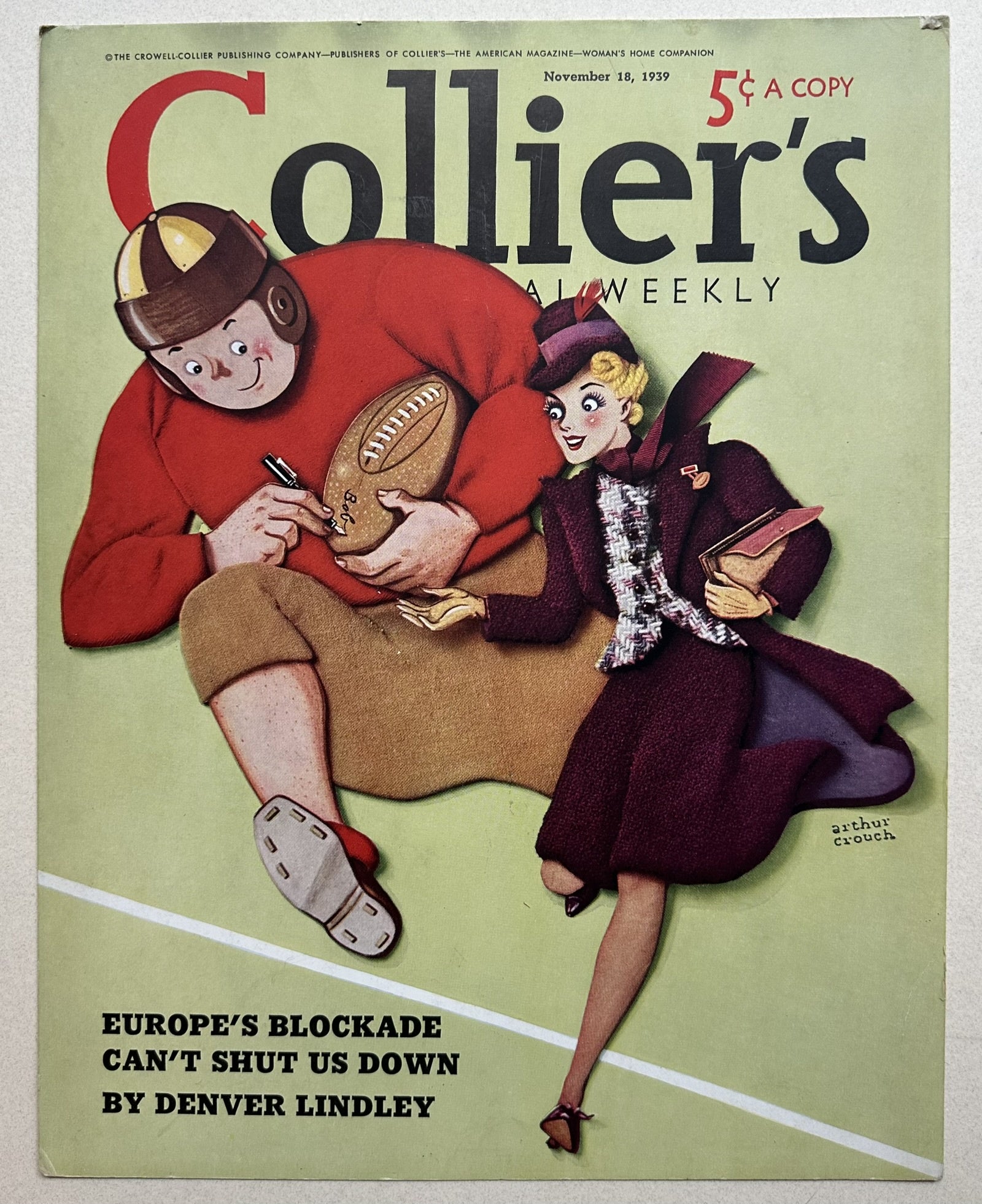 A vintage magazine cover from Collier's Weekly, dated November 18, 1939. The artwork features a cartoonish football player in a red uniform and helmet, holding a football and signing it with a pen.