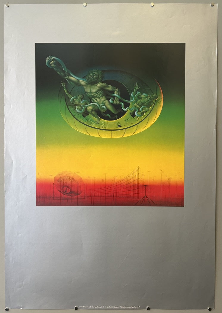 It is a color serigraph (silkscreen). The specific artwork depicted in the poster is from 1973, although a related painting titled "Laocoön in Orbit" from 1980 was featured on the cover of Omni magazine.