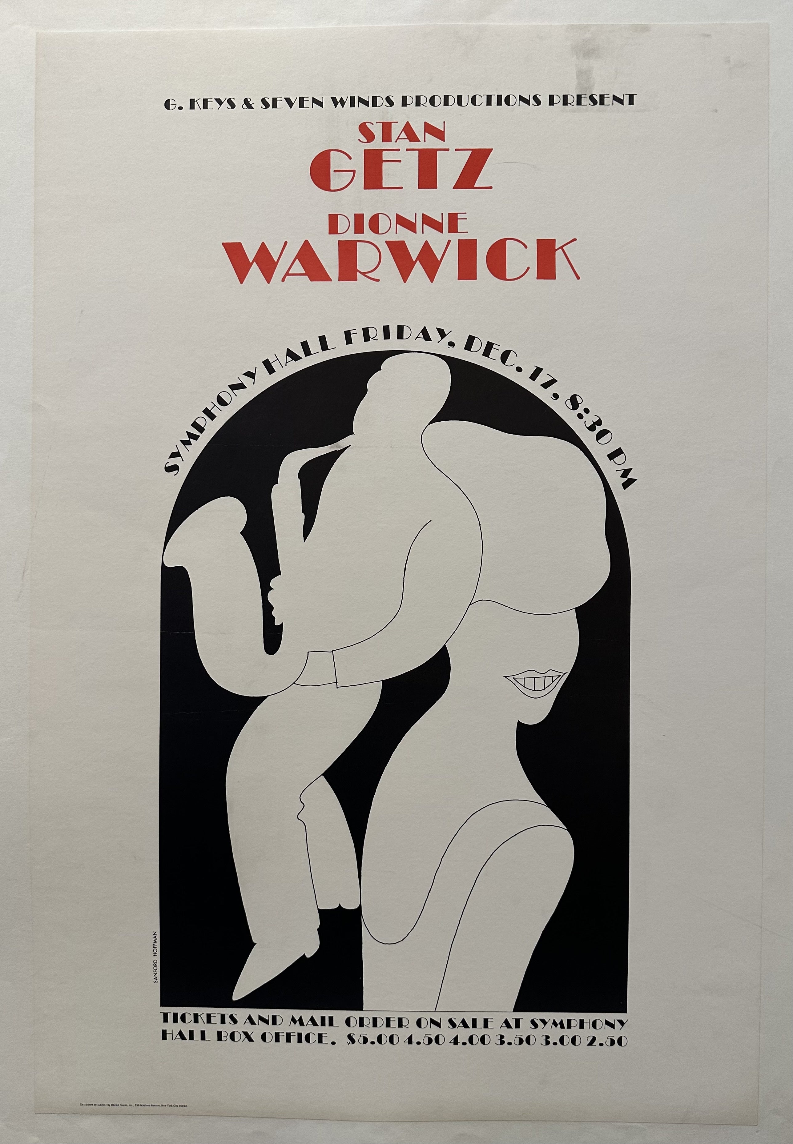 Stan Getz and Dionne Warwick at Symphony Hall on Friday, December 17th. The poster features a stylized illustration of a woman smiling and a man playing a saxophone.