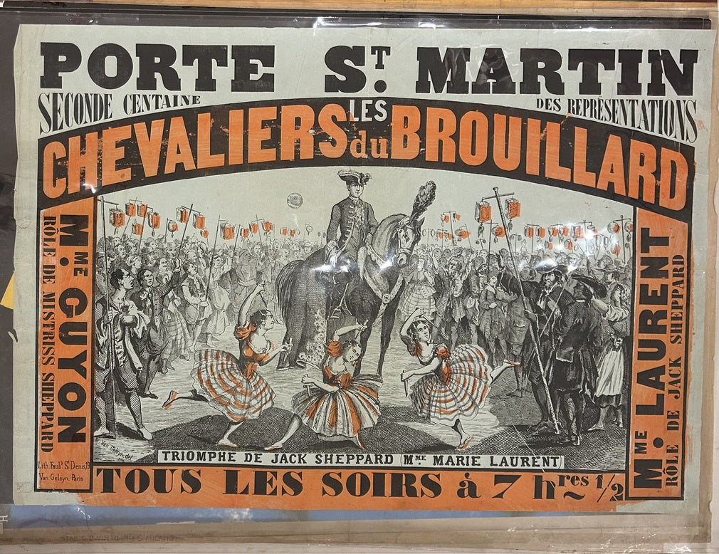 The poster's style and the context of the Porte Saint-Martin Theatre suggest this timeframe. The Porte Saint-Martin Theatre is a historical venue in Paris. The phrase "SECONDE CENTAINE DES REPRESENTATIONS"