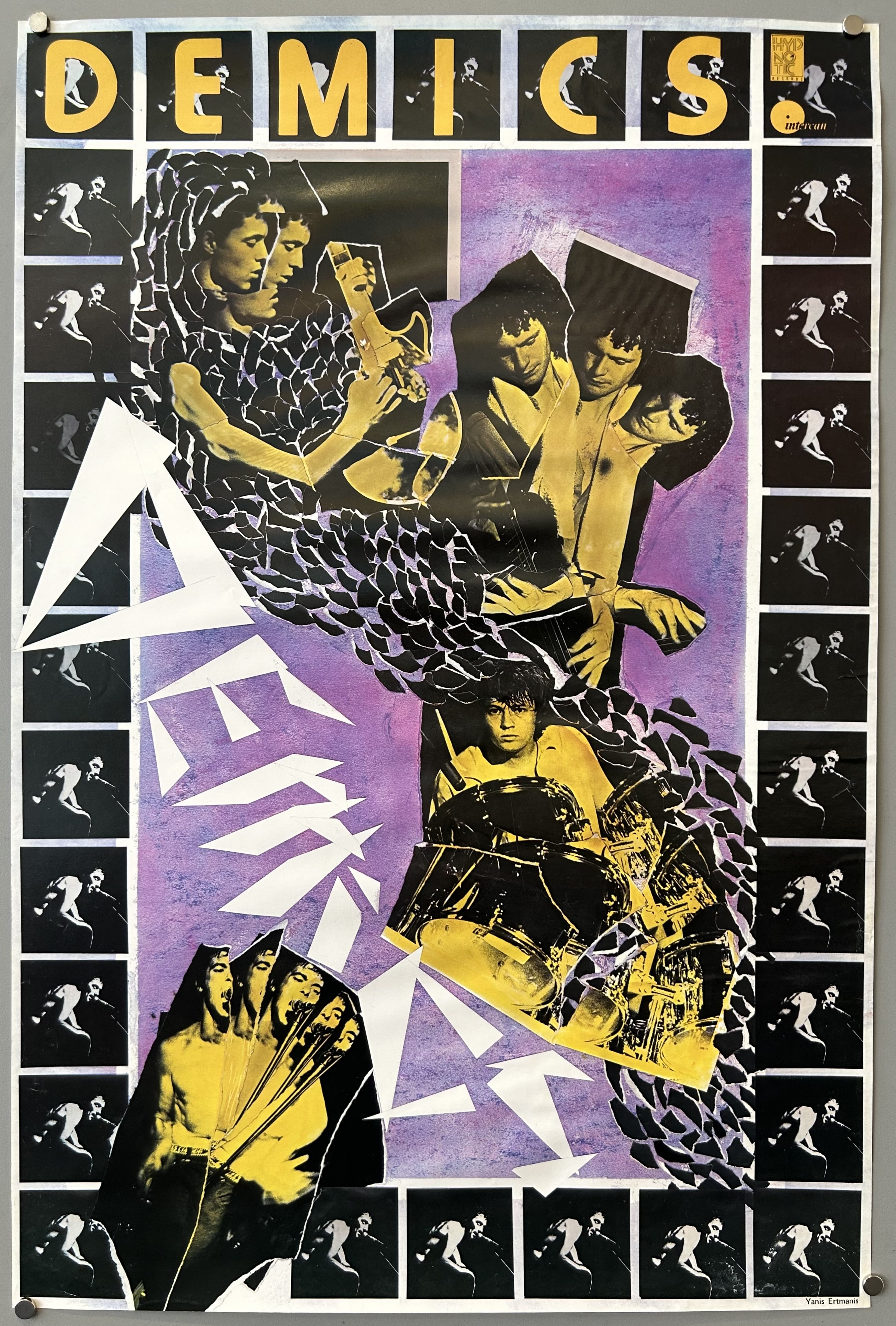 Collage design for rock band The Demics' new album with purple background.