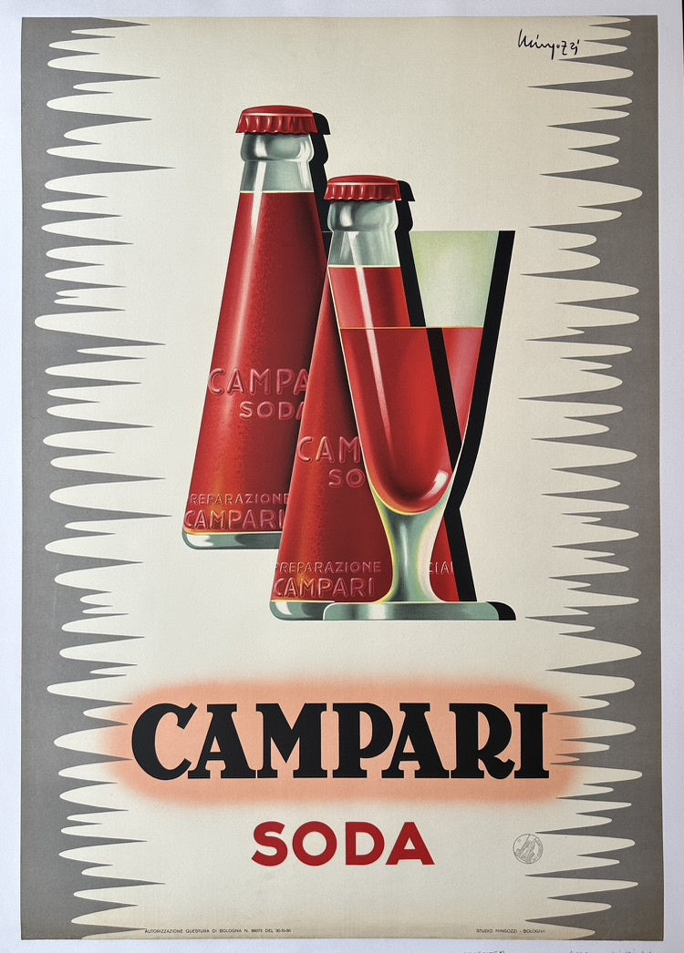 Vintage Italian poster advertising Campari Soda with two bottles and a glass of the red beverage.