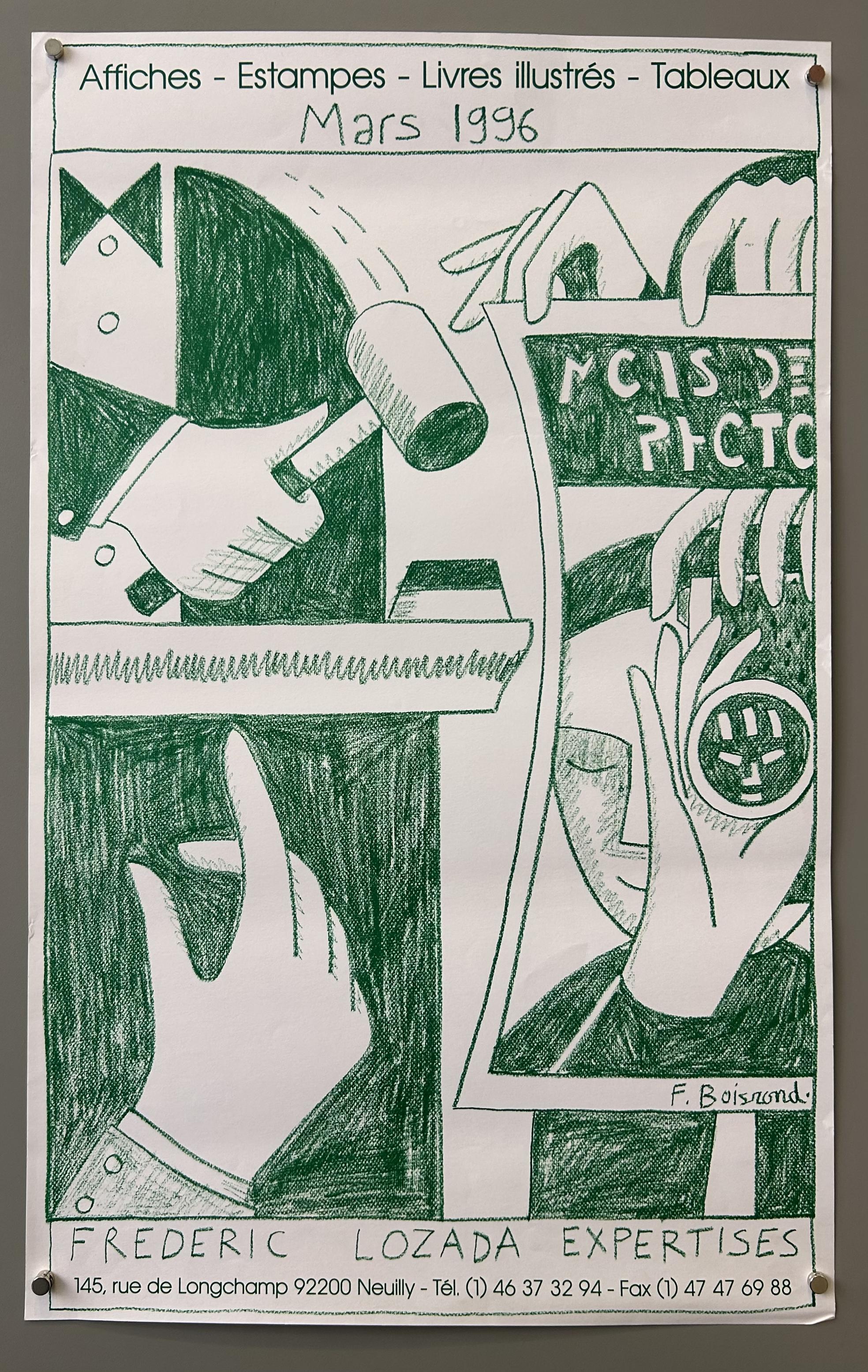 white background and green line drawings. The illustration is divided into several panels featuring hands, a face, and objects related to art and appraisal. A hand in the top left holds a mallet, while a hand in the bottom right uses a magnifying glass to inspect a small object