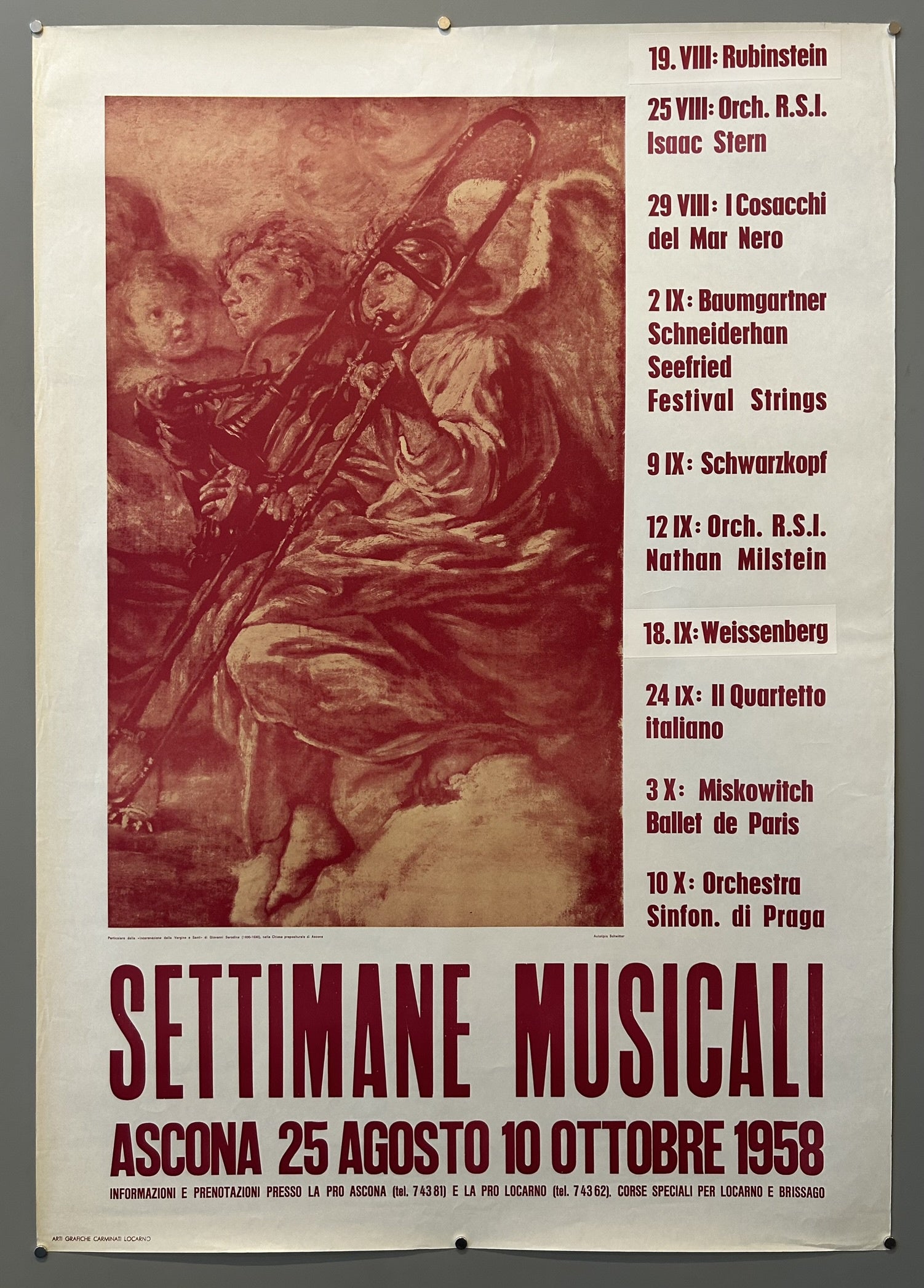 "Settimane Musicali Ascona" (Musical Weeks Ascona) from August 25 to October 10, 1958. The poster features a stylized, reddish-brown illustration of musicians, including a trombonist, against a smoky or cloud-like background. To the right, a list of performances and dates is presented in white text