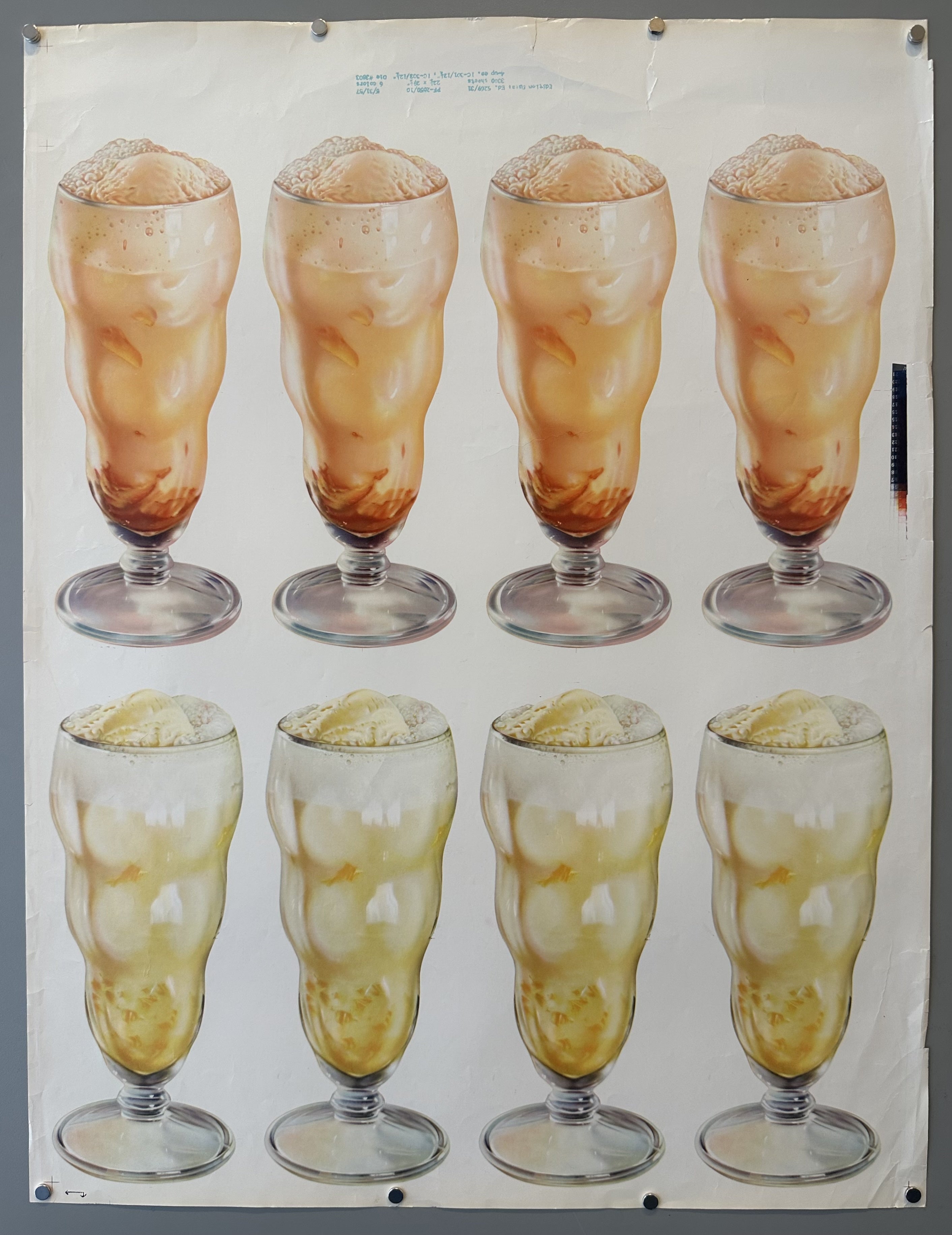 Plain white background with two rows of ice cream floats in center.