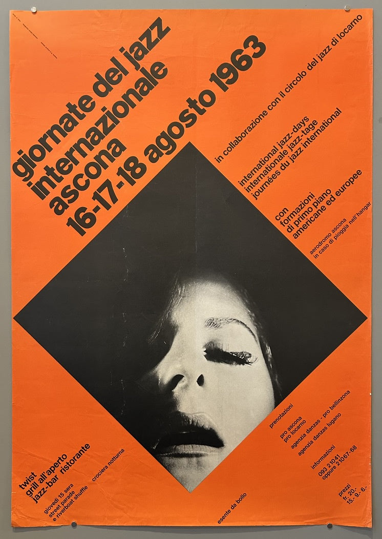 Giornate del Jazz Internazionale Ascona" (International Jazz Days Ascona) held on August 16-17-18, 1963. The poster has an orange background with a large black diamond shape in the center containing a black and white close-up image of a person's face looking upwards with eyes closed.