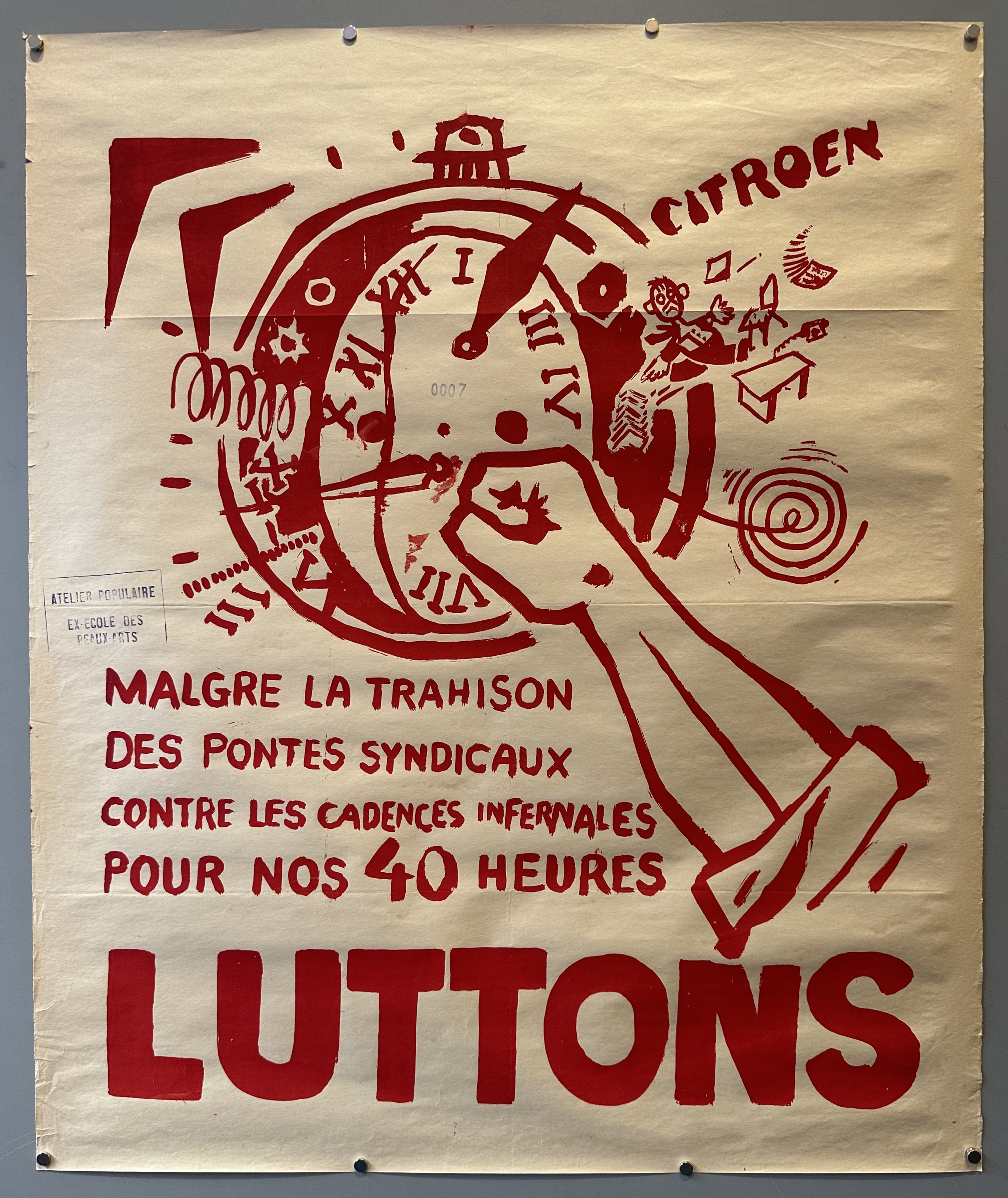 A clock is punched by a fist in this poster condemning the 'betrayal' of union leaders during May 68.