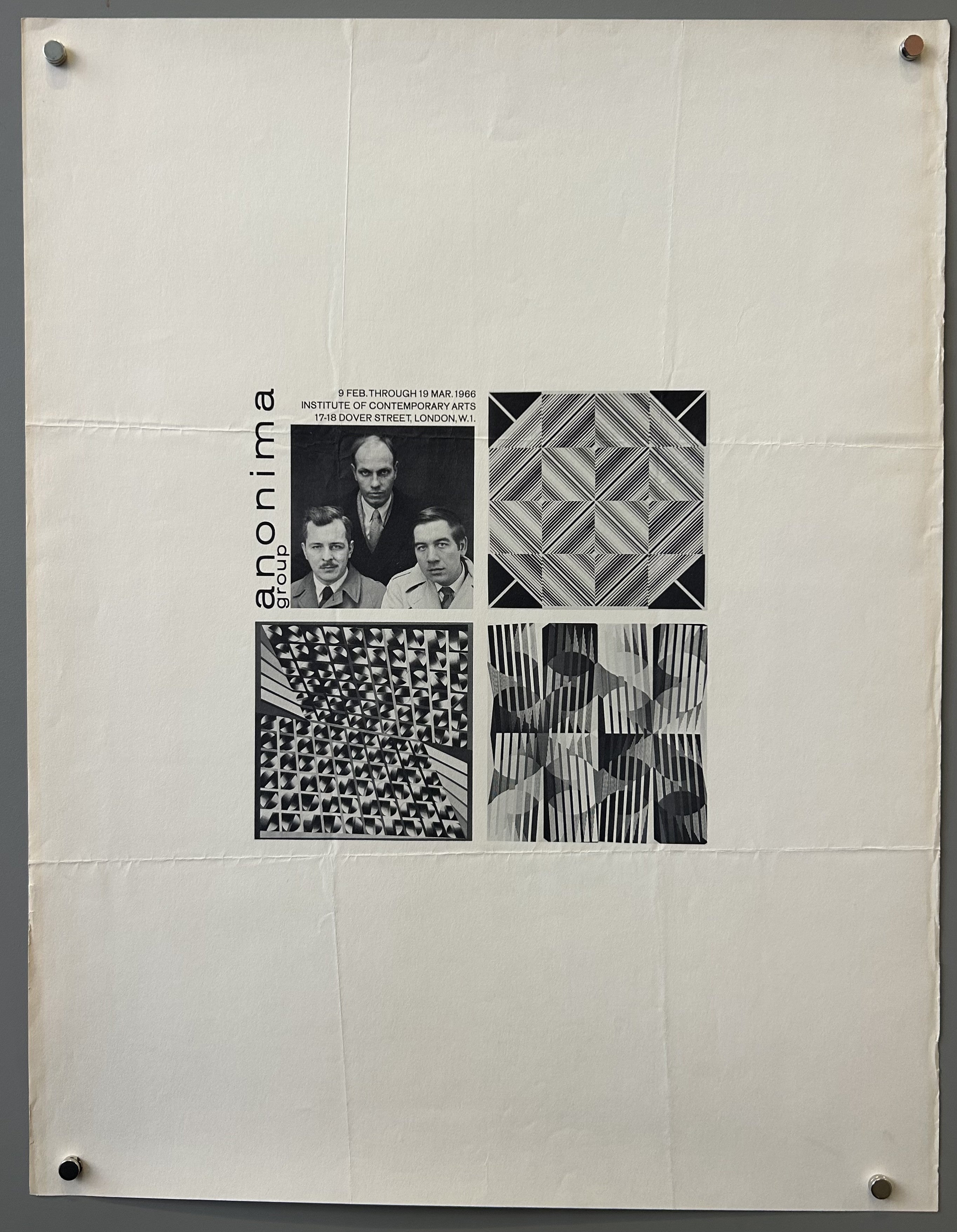 An art exhibition by the Anonima Group, a collective of artists from Cleveland, Ohio, known for their work in Op Art and geometric abstraction. The exhibition took place from February 9 through March 19, 1966, at the Institute of Contemporary Arts at 17/18 Dover Street in London.