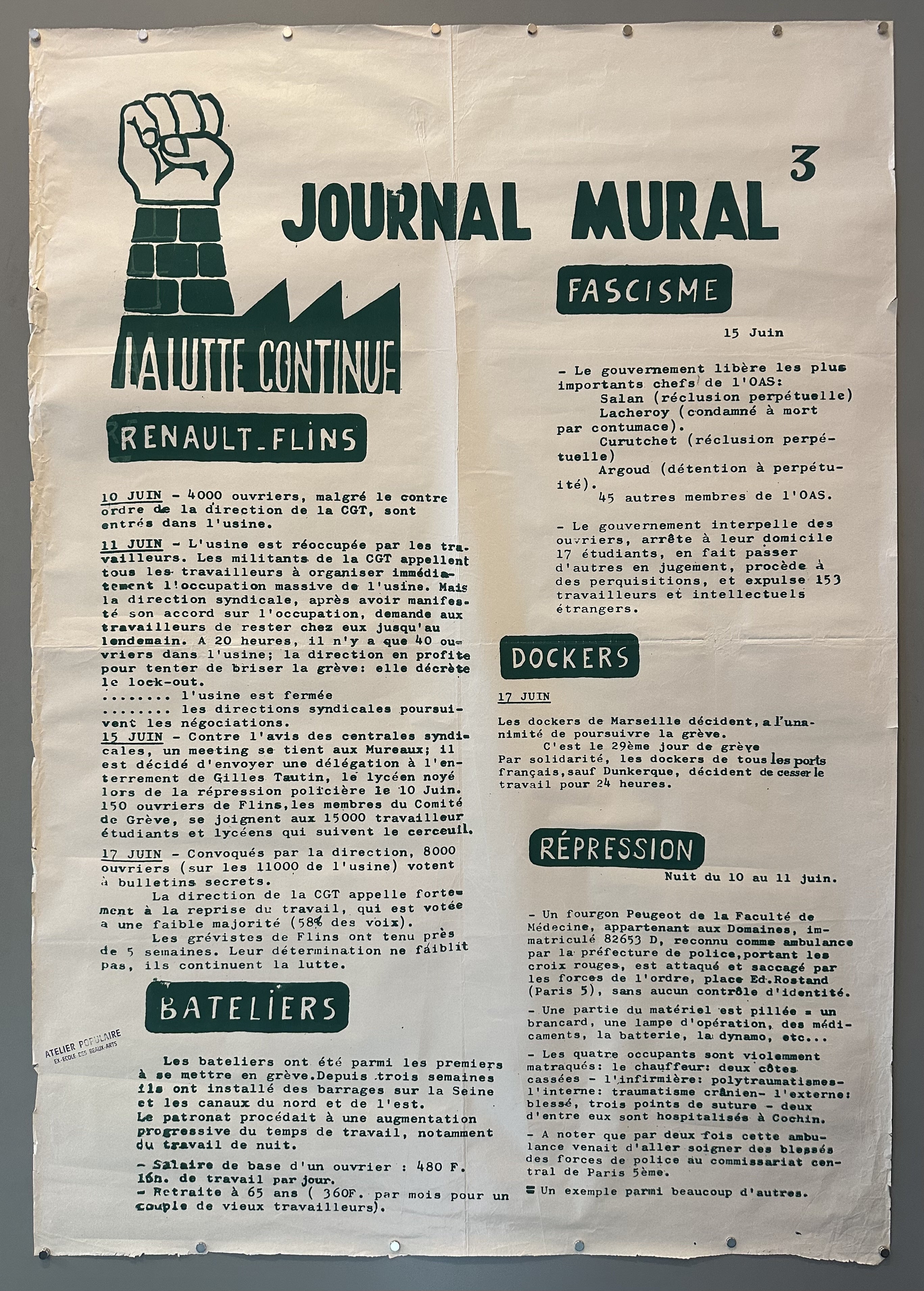 Newspaper-style poster in French describing the continuation of workers striking after May 1968.