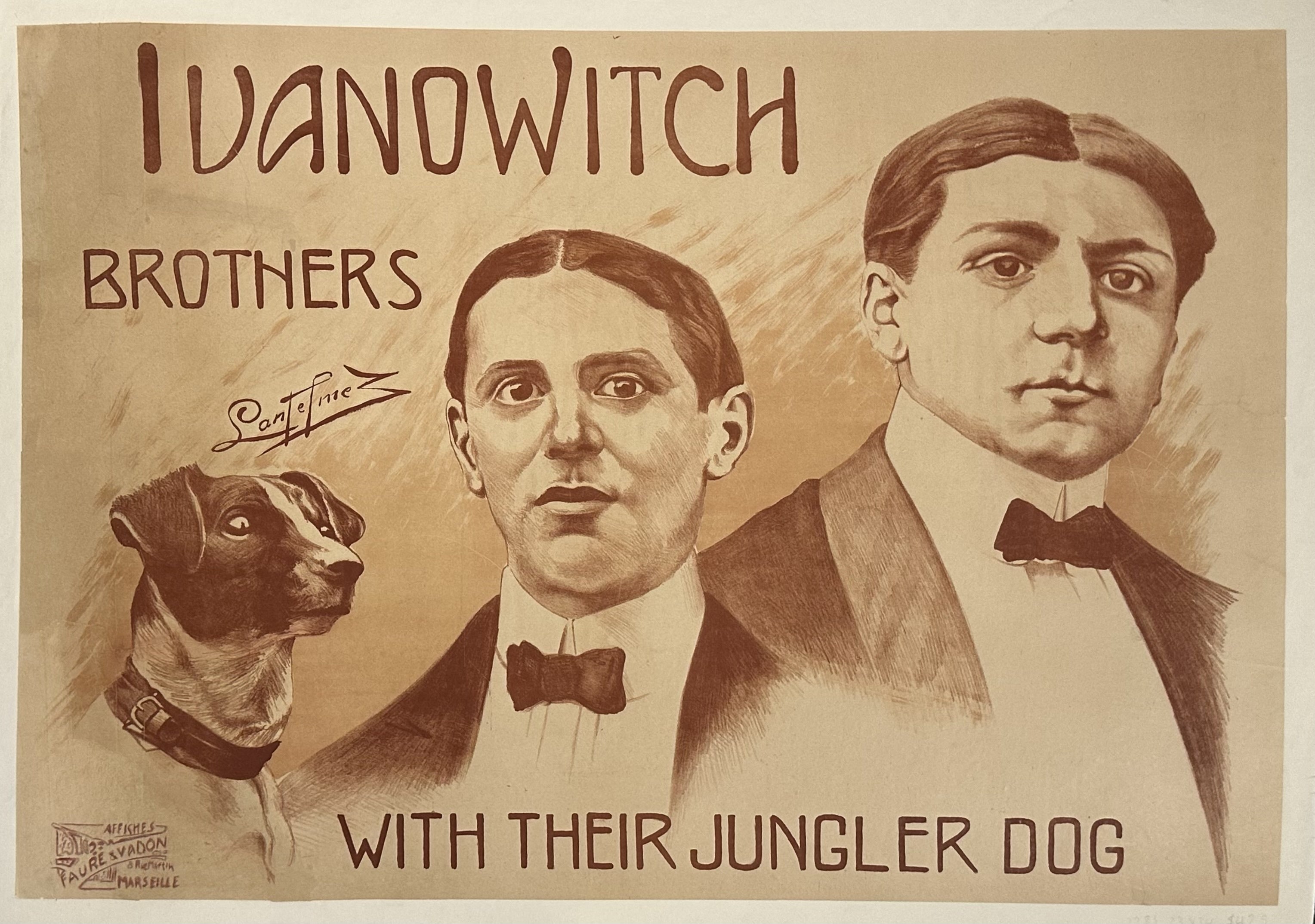 This poster advertises the "Ivanowitch Brothers with their Jungler Dog." The image depicts two men, presumably the Ivanowitch Brothers, alongside a dog, which is referred to as their "Jungler Dog."