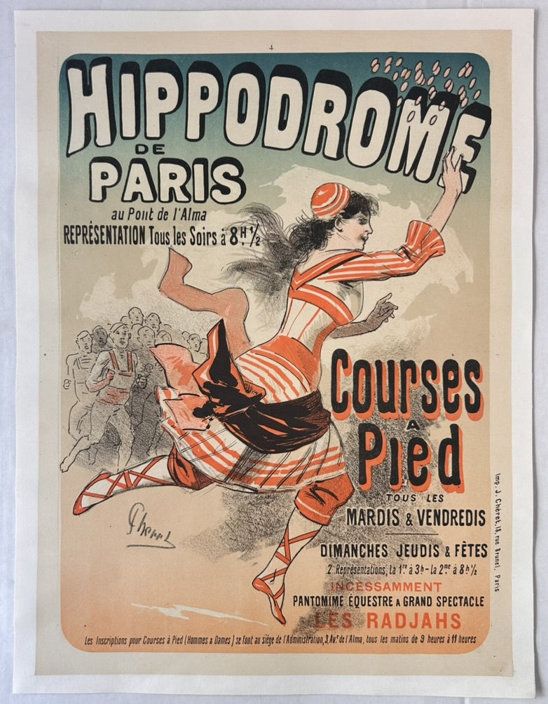 This poster is an advertisement for the Hippodrome de Paris, specifically promoting "Courses à Pied" (foot races) and an equestrian pantomime show titled "Les Radjahs"