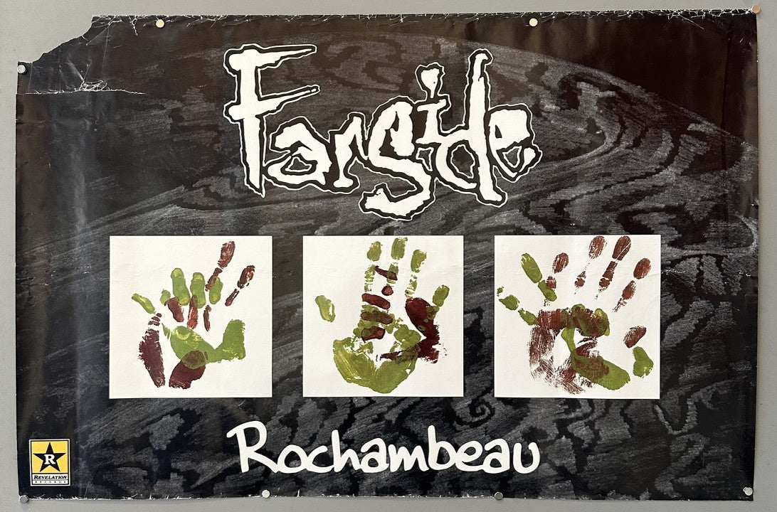 The poster's design incorporates the band's name "Farside" in a distinct font, the album title "Rochambeau," and a central image featuring three handprints in green and red hues