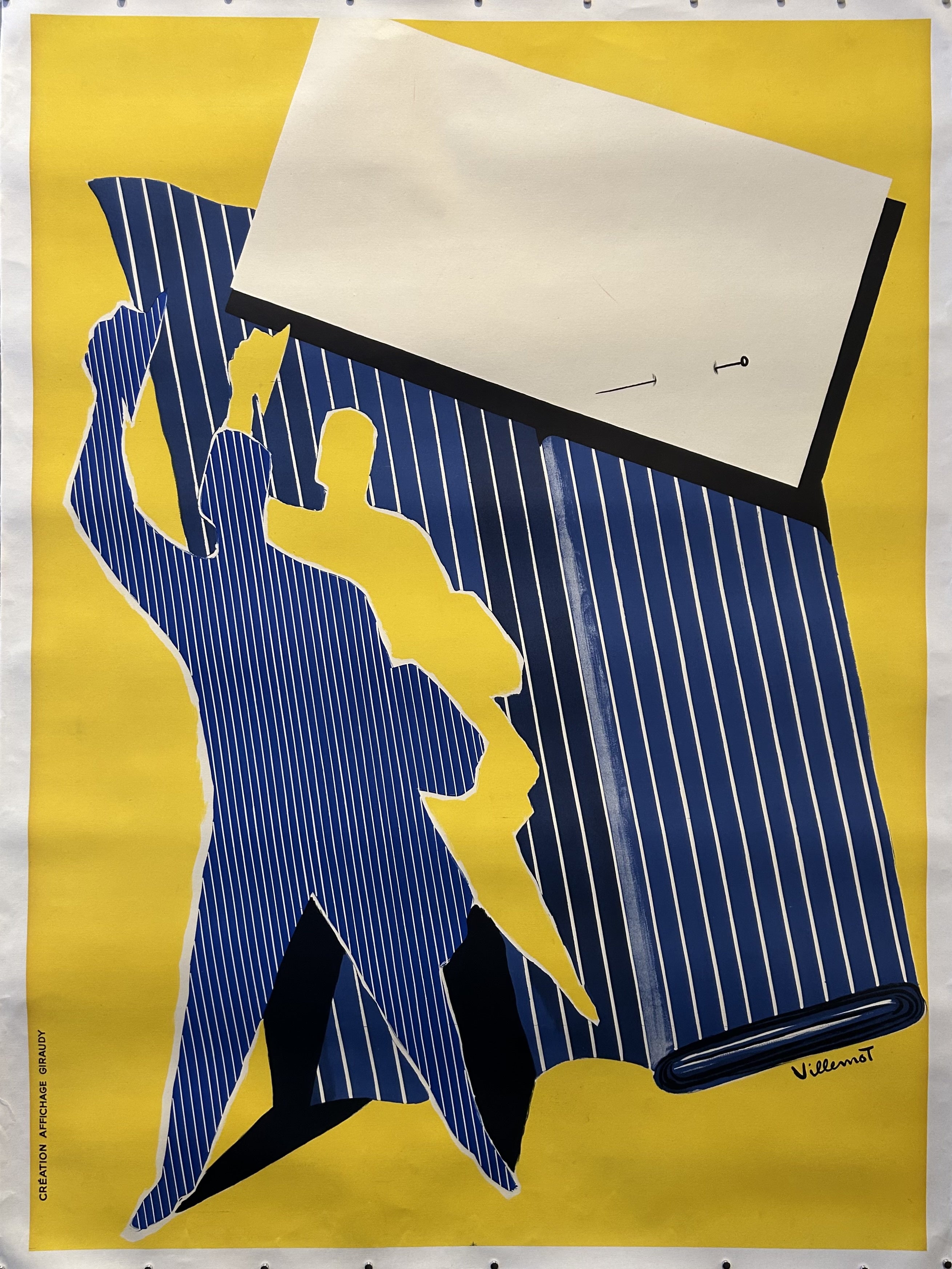Two silhouettes of men are overlayed onto a swatch of blue striped fabric with a blank white block on top
