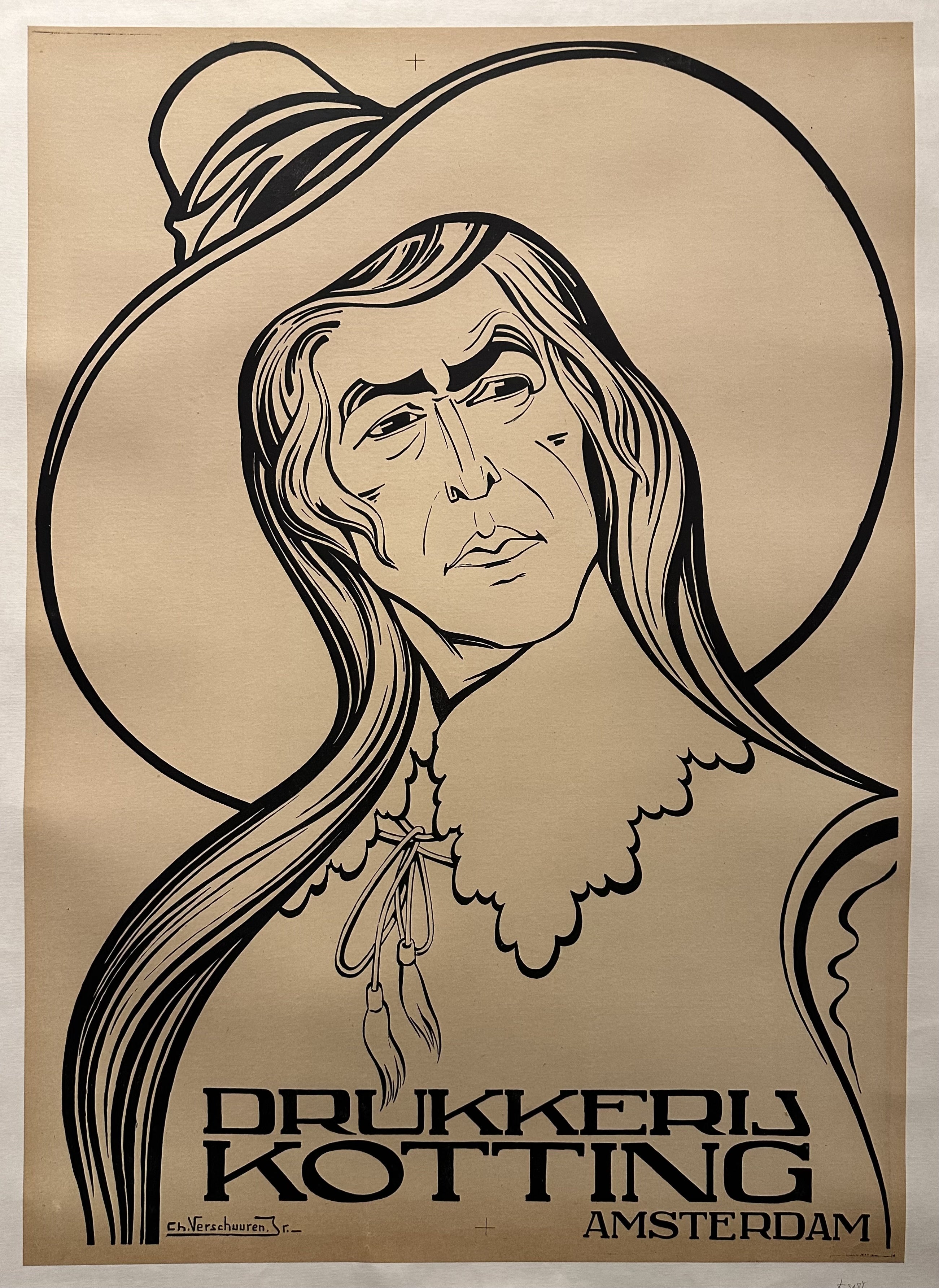 Outlined portrait of a man in traditional Dutch garments to advertise a printing house's services in Amsterdam.