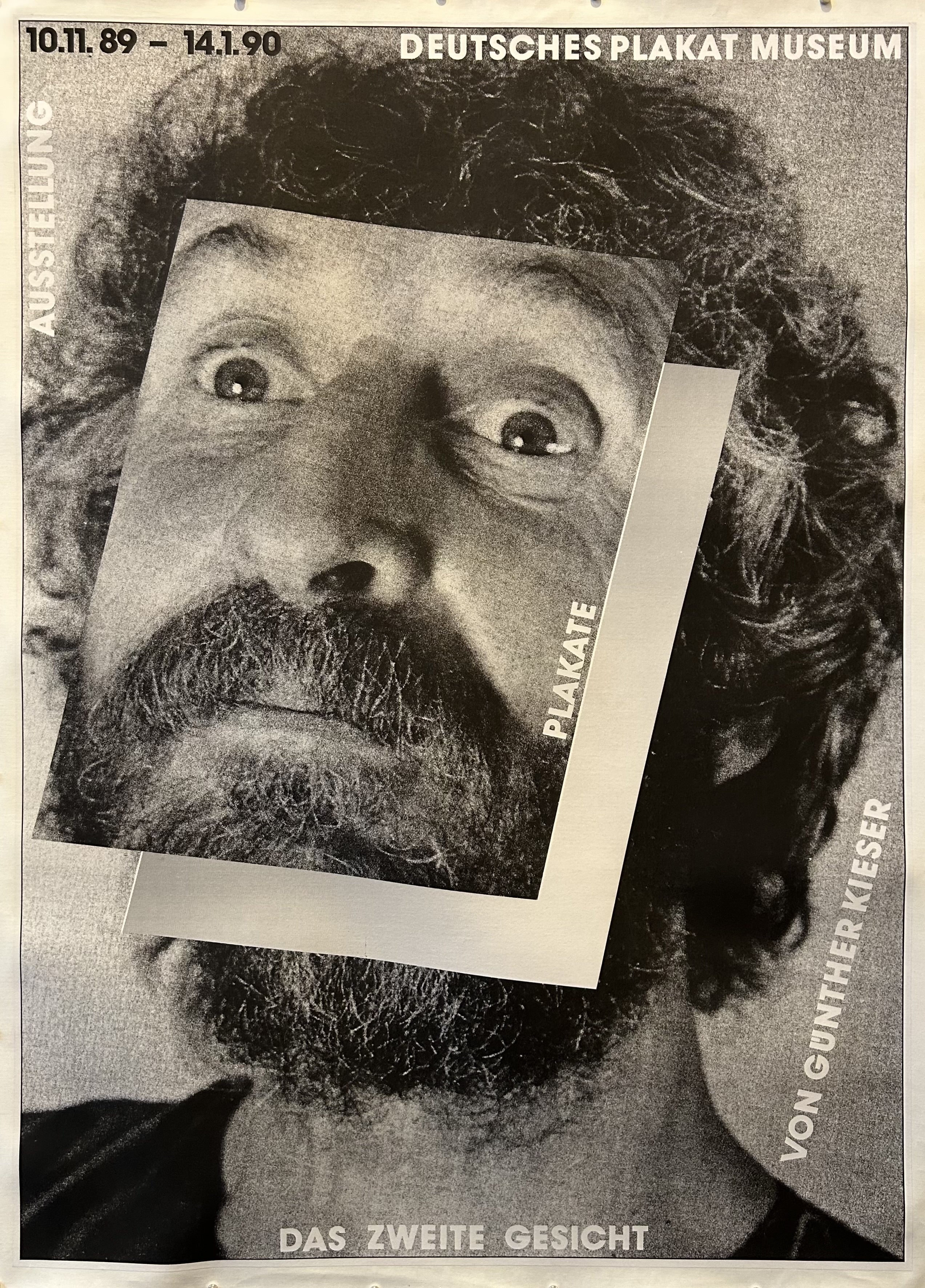 Black and white poster for art exhibition at Deutsches Plakat Museum using a close-up portrait of Gunther Kieser.