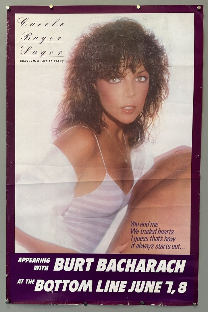 Carole Bayer Sager's album "Sometimes Late at Night," featuring a portrait of Carole Bayer Sager in the center with text overlays. The top left reads "Carole Bayer Sager SOMETIMES LATE AT NIGHT." In the bottom right, a quote reads: "You and me We traded hearts I guess that's how it always starts out..."