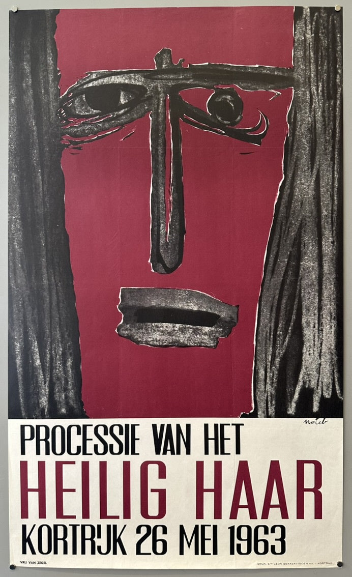 The poster promotes the "Processie van het Heilig Haar" (Procession of the Sacred Hair) in Kortrijk, Netherlands.