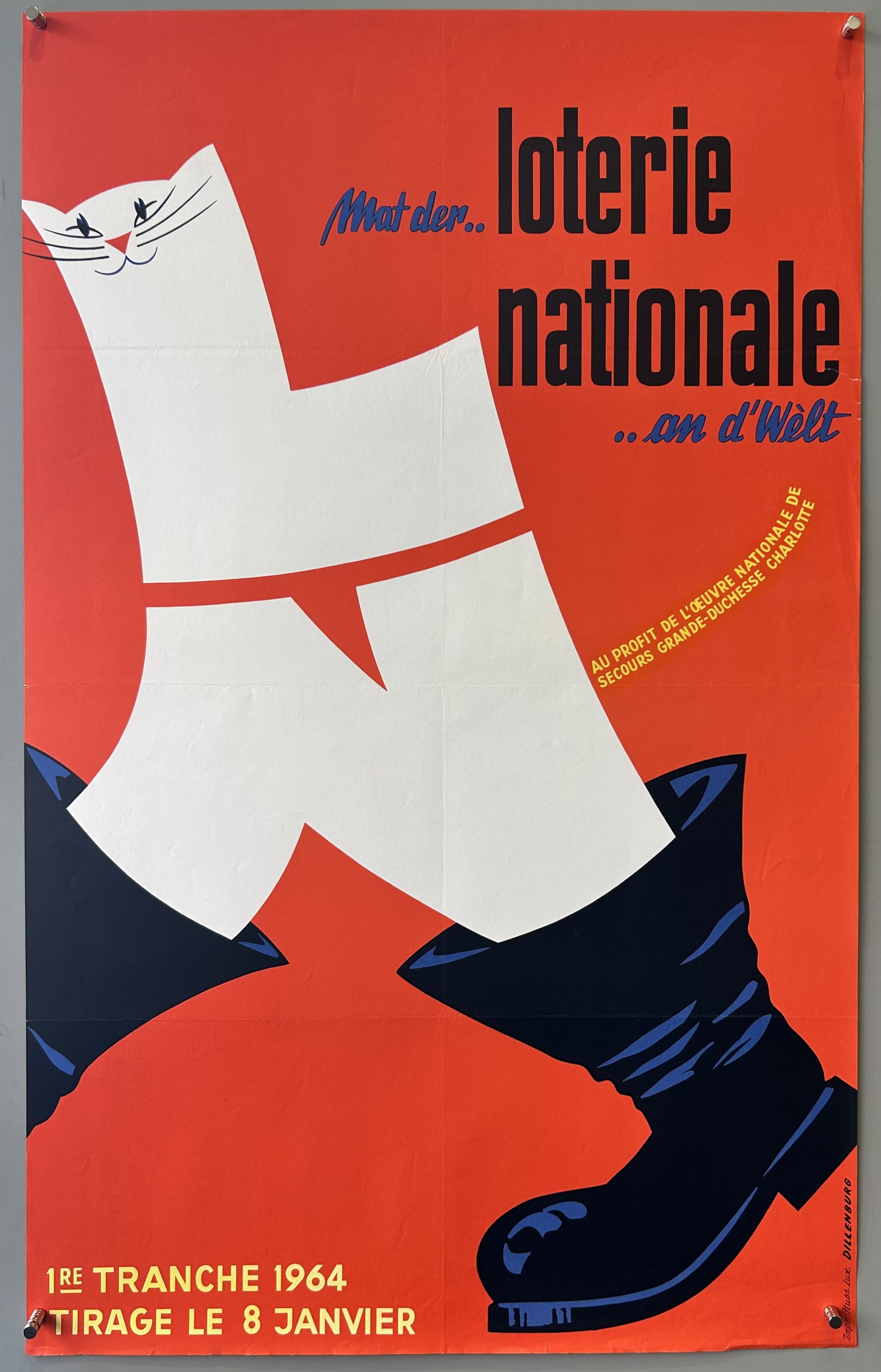 Red bold background with two boots walking with the word L, N, but the L has a cat figure. This is promoting the Luxembourgish National Lottery, benefiting the National Relief Work of Grand Duchess Charlotte