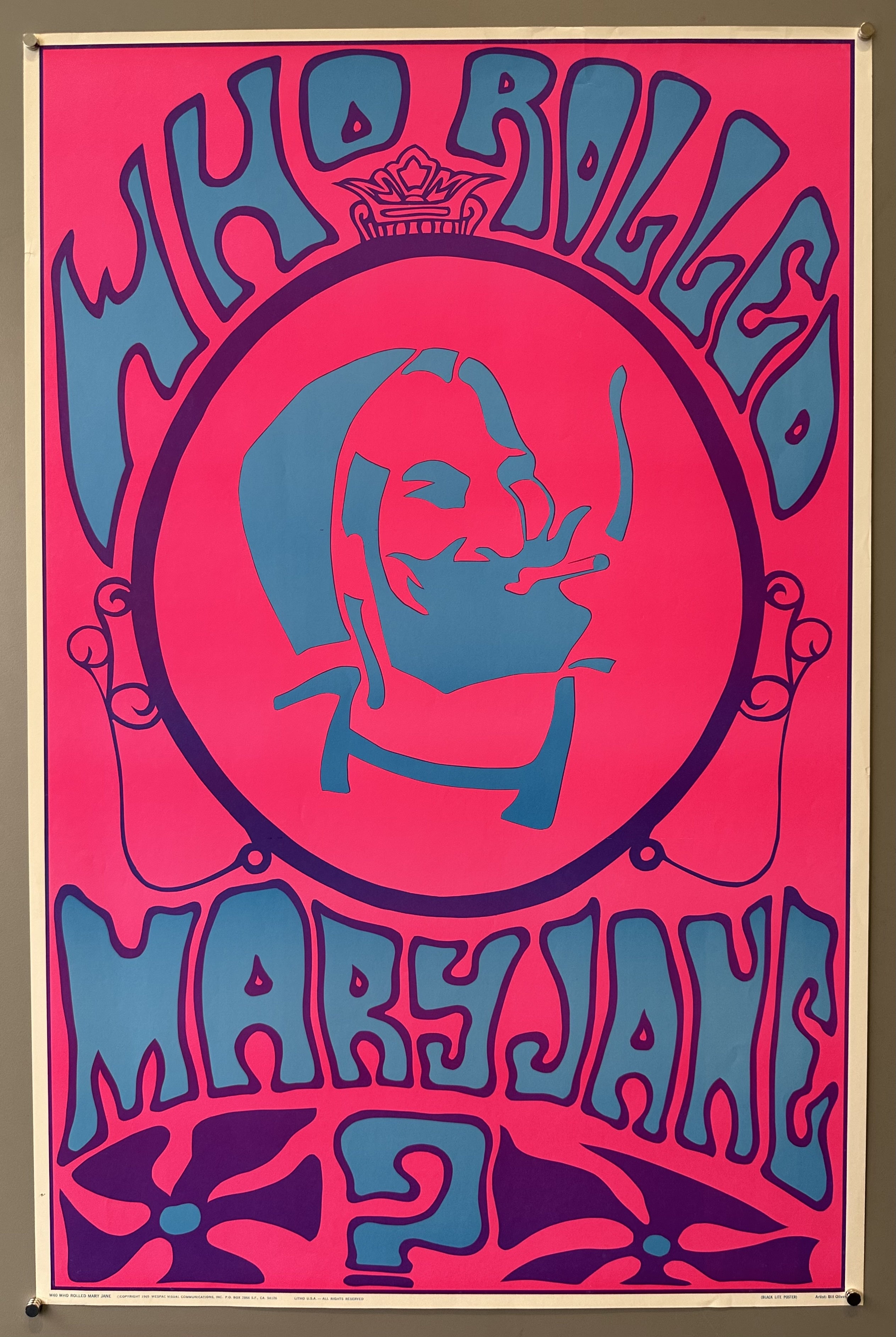 Neon pink poster with blue and purple accents featuring a man smoking weed in the middle.