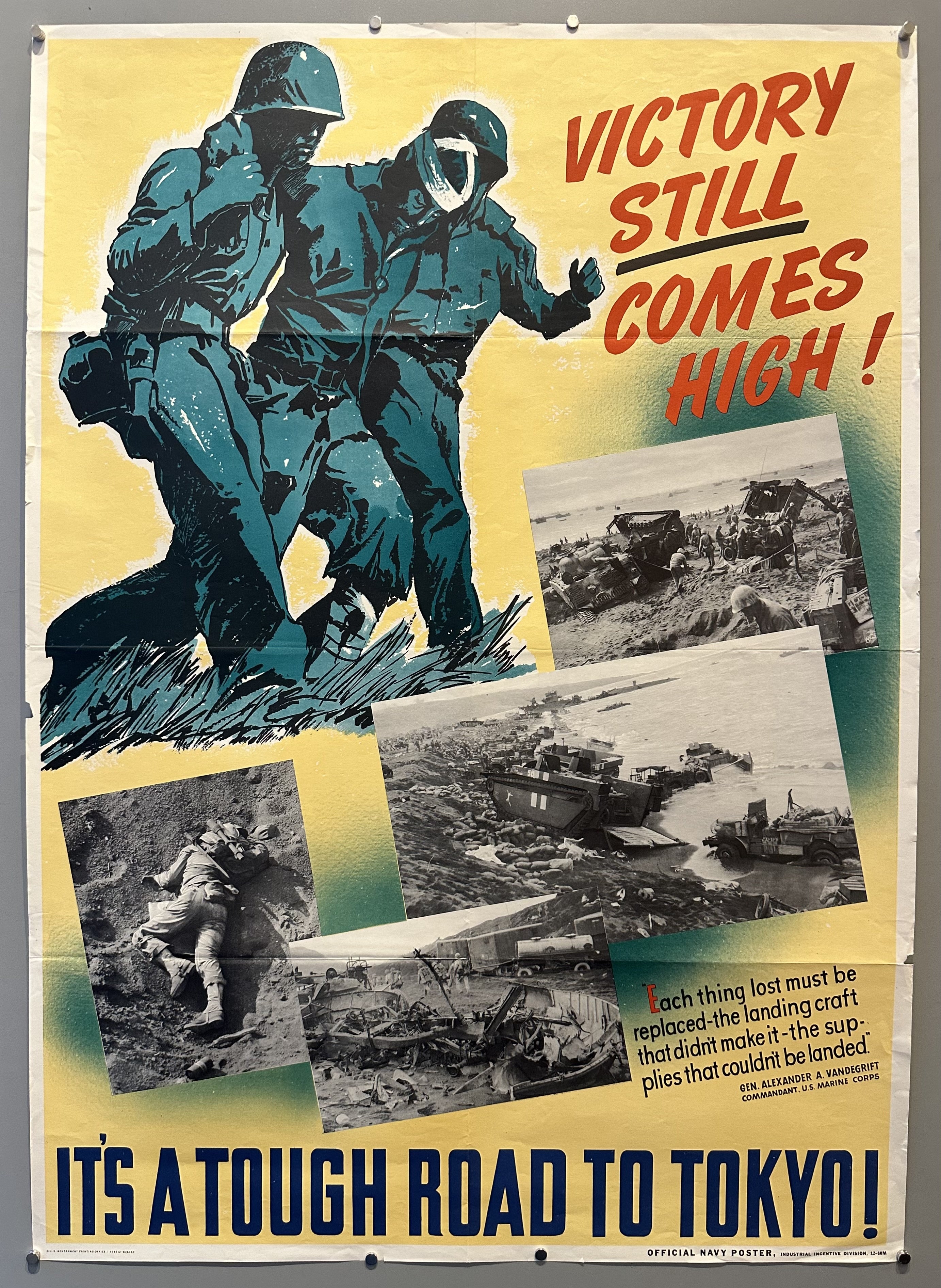 Black and white images of WWII with a blue illustration of soldiers helping each other in propaganda poster.