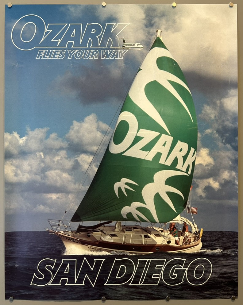 An appraisal on PBS's Antiques Roadshow specifically identified an "Ozark Airlines poster, ca. 1960" featuring this exact design, including the sailboat and the "San Diego" theme.