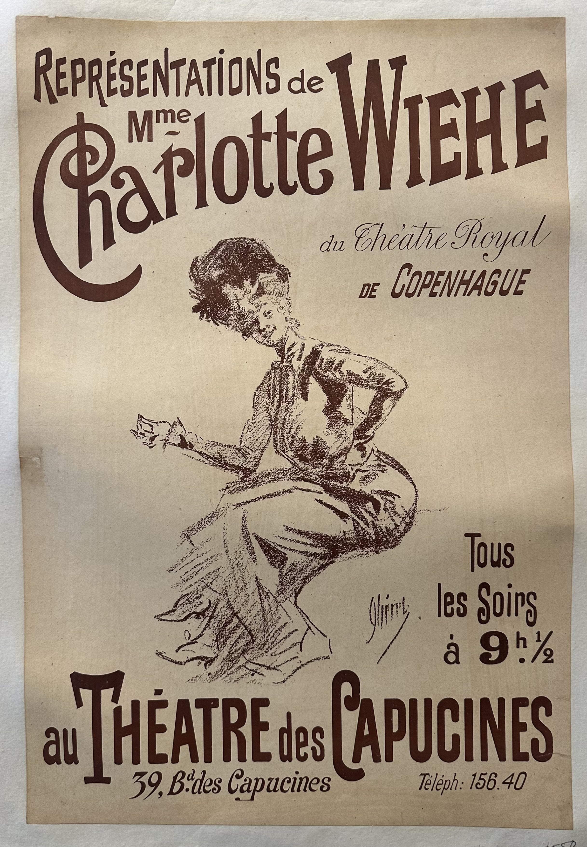 A vintage poster advertising performances by Madame Charlotte Wiehe of the Royal Theater of Copenhagen at the Theatre des Capucines in Paris. The illustration is of a woman in a long dress and a hat in a sitting position.