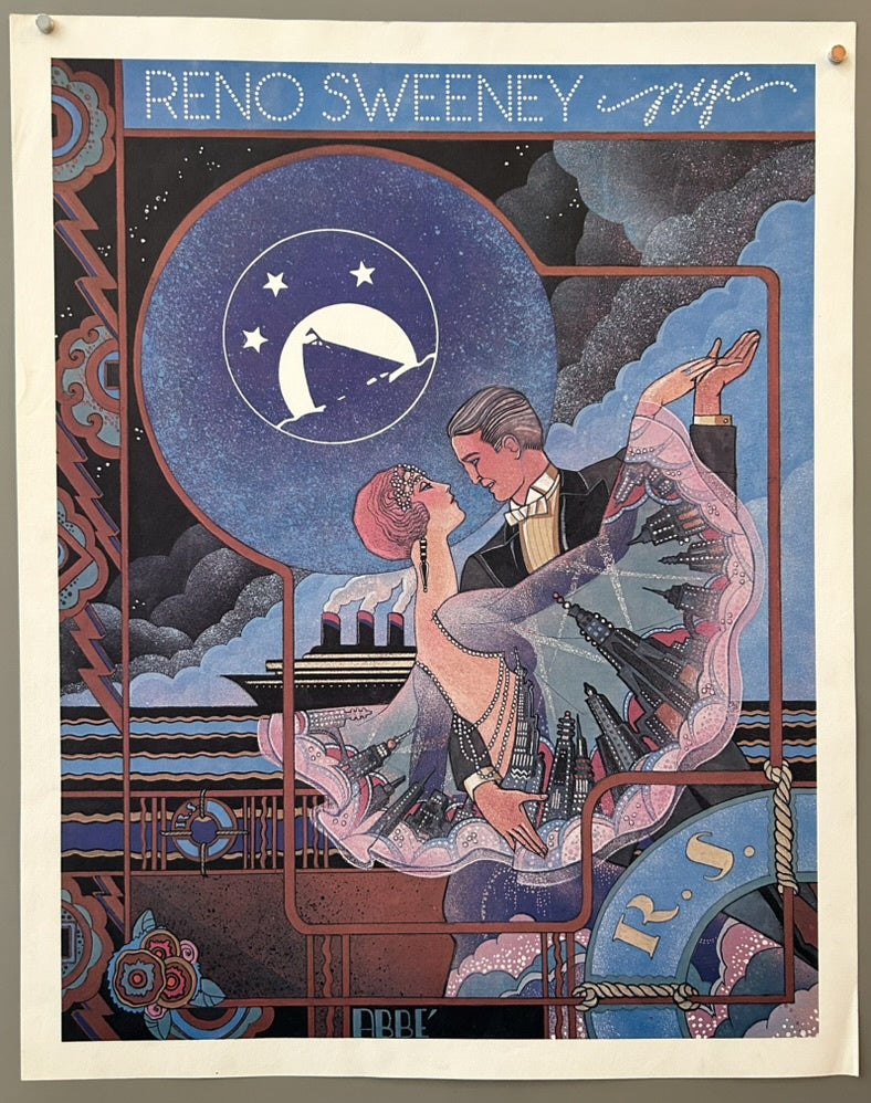 A couple dances on a cruise ship deck at night, the man in a tuxedo and the woman in a flapper dress.
Behind them, a moonlit ship silhouette appears within a circular frame, with "RENO SWEENEY nyc" at the top and Art Deco details throughout.