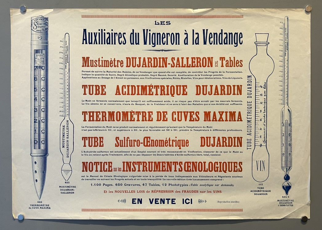 The poster promotes the sale of wine-making tools and a book about wine-making. The company specialized in oenological precision instruments, including the ebulliometer.