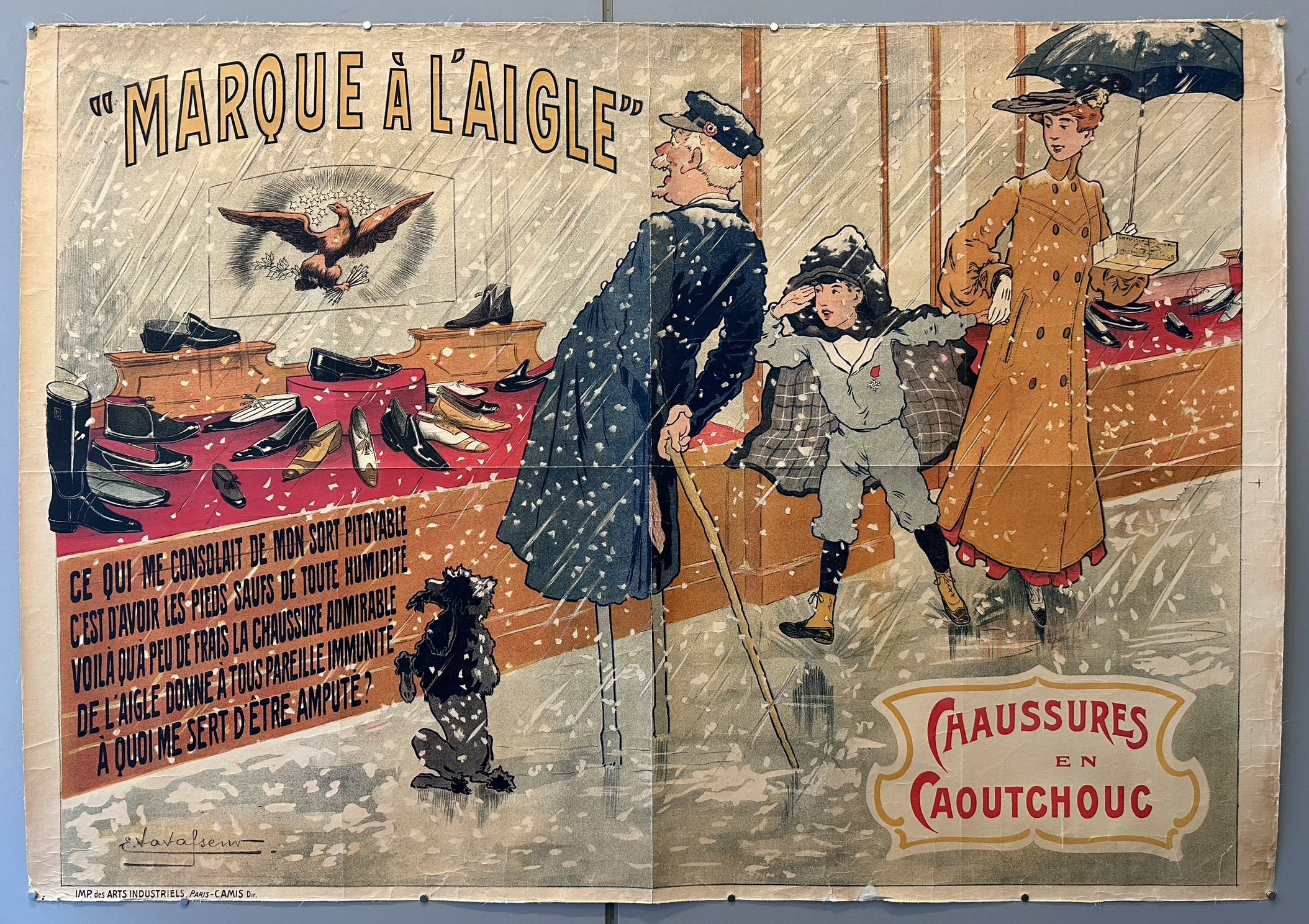 Marque à l'Aigle" rubber shoes, depicting a man with amputated legs envying a display of shoes, while a woman and child in rubber boots walk in the rain
