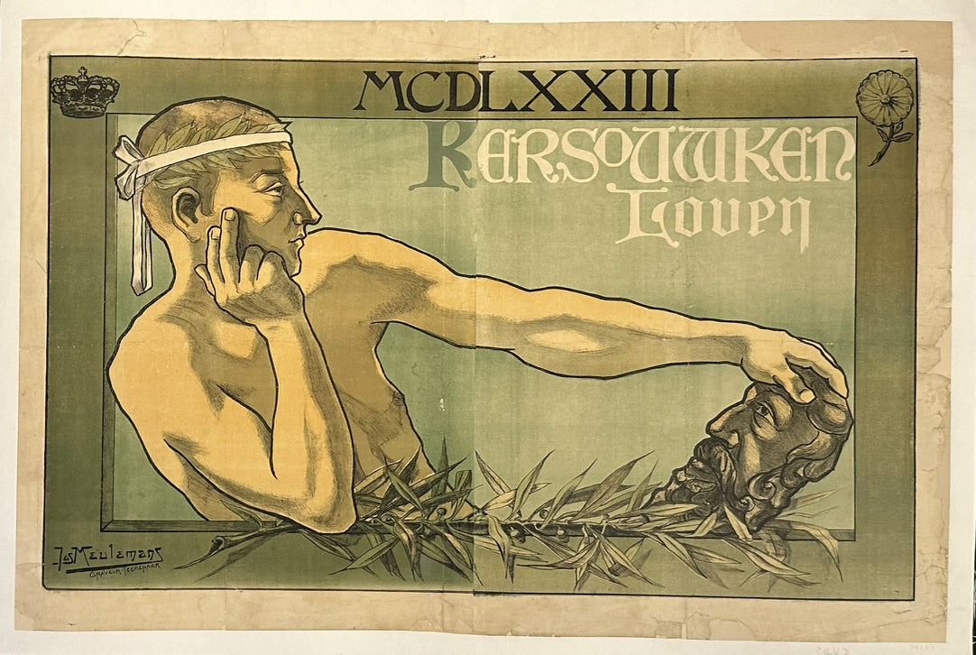 This poster features a classical-style depiction of a figure holding a severed head, with the Roman numerals MCDLXXIII (1473) and the text "KARSOTAKEN Σουρη" (Souris) prominently displayed