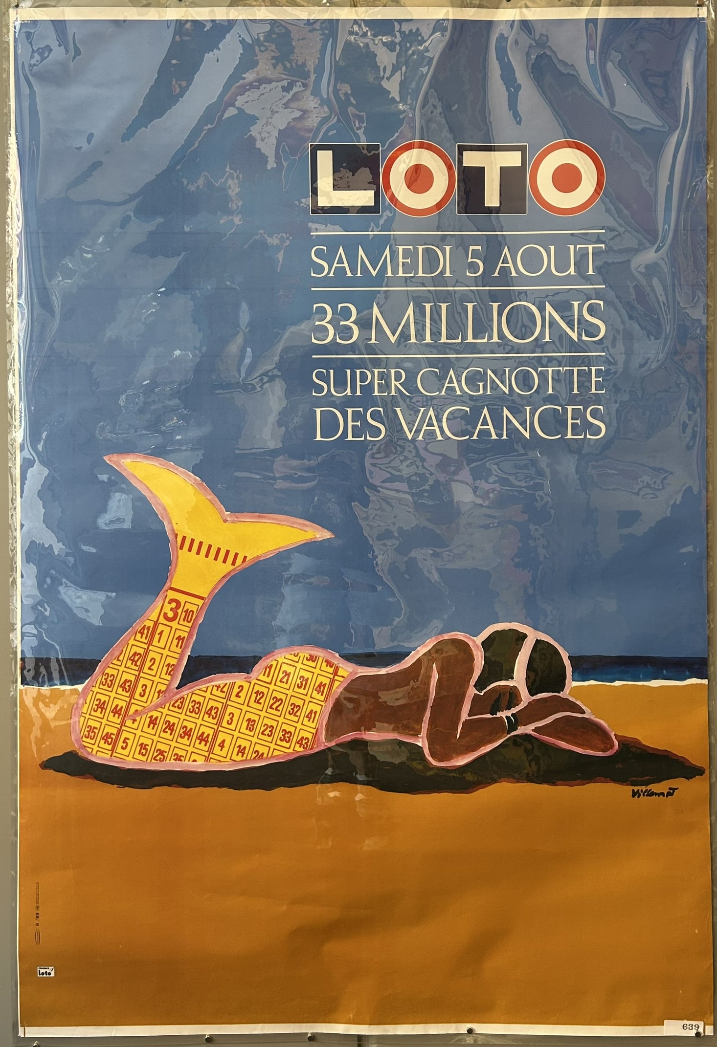 It promotes the French national lottery, Loto, specifically a "Super Cagnotte des Vacances" (Super Holiday Jackpot) with a prize of "33 Millions" (33 Million) for a drawing on "Samedi 5 Aout" (Saturday, August 5).