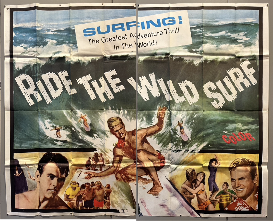 Illustration of a man surfing behind a large wave in horizontal vintage film poster.