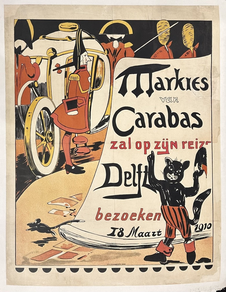 It advertises a theatrical performance, likely based on the classic fairy tale of Puss in Boots, as indicated by the prominent black cat character.