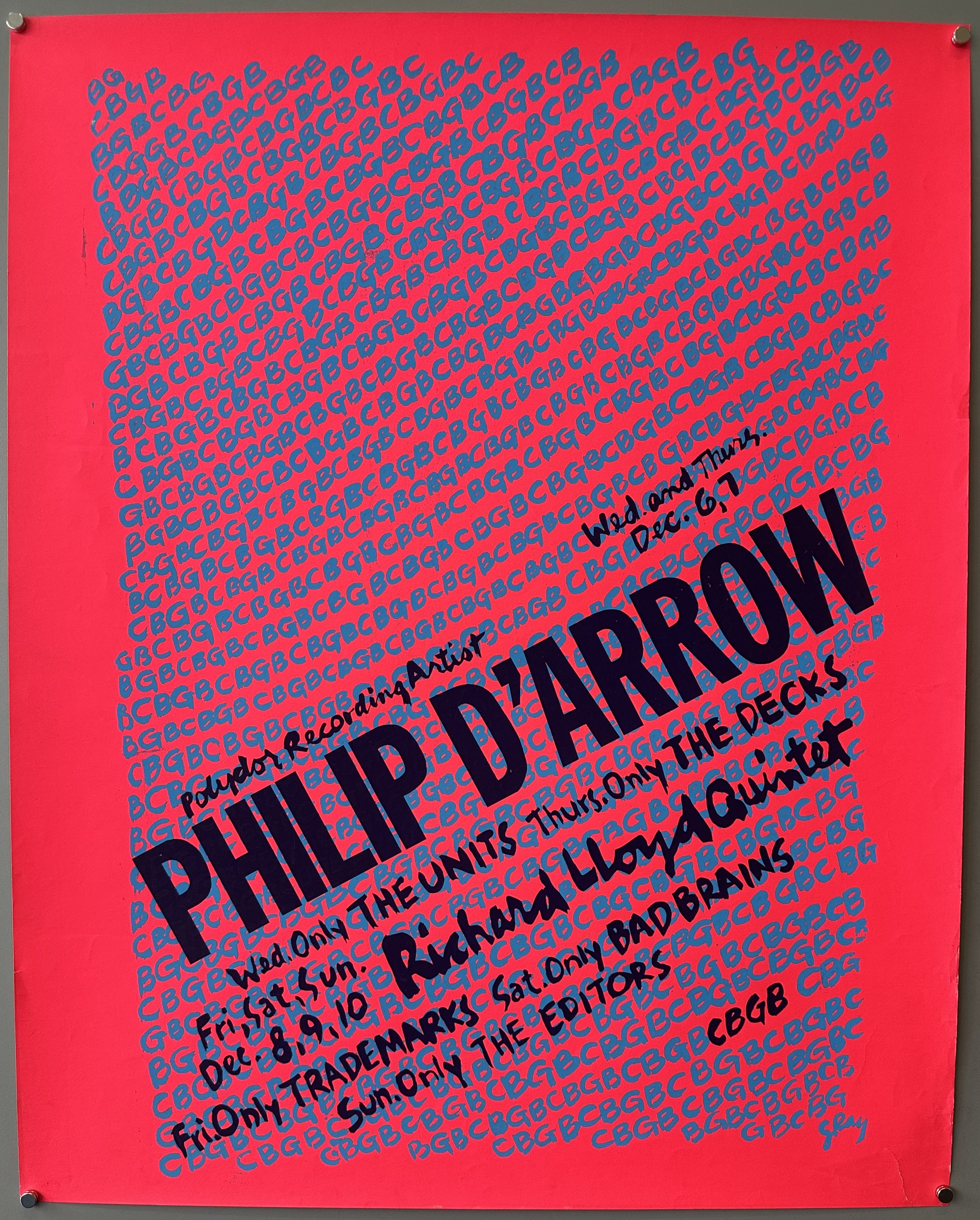 Neon pink poster with repeating blue text 'CBGB' as a patterned background with black text for the performers.