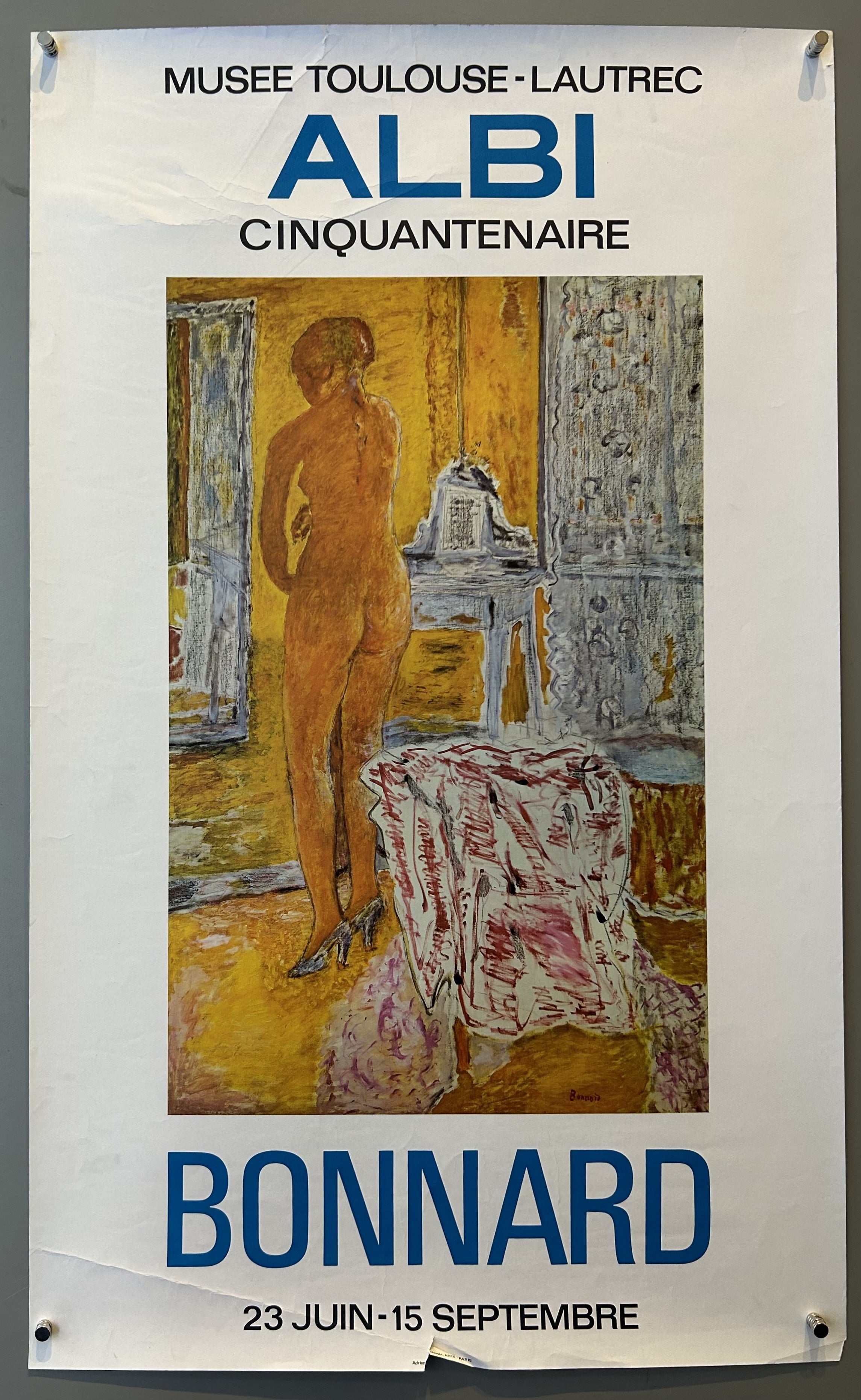Painting by Bonnard in center with black and blue text above and below.