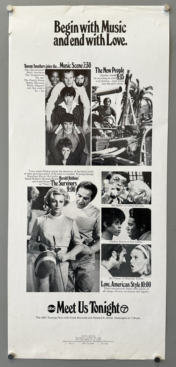 A black and white poster with the title "Begin with Music and end with Love." It advertises ABC television programming.
The top section features "Tommy Smothers joins the... Music Scene 7:30" with images of musicians, including The Temptations and The Family. Below this, "The New People do anything to start 8:15" is advertised with a still from the show.