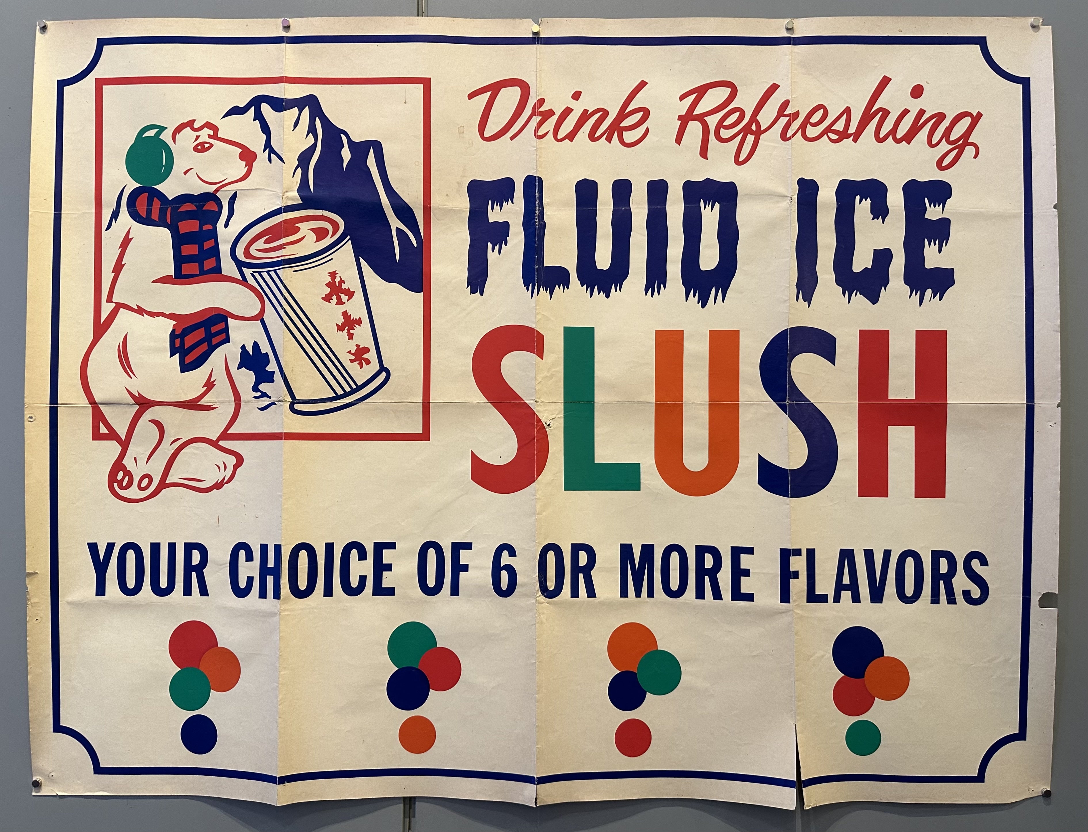 White background with red, green, orange, and blue alternating letter colors advertising an ice slush beverage.